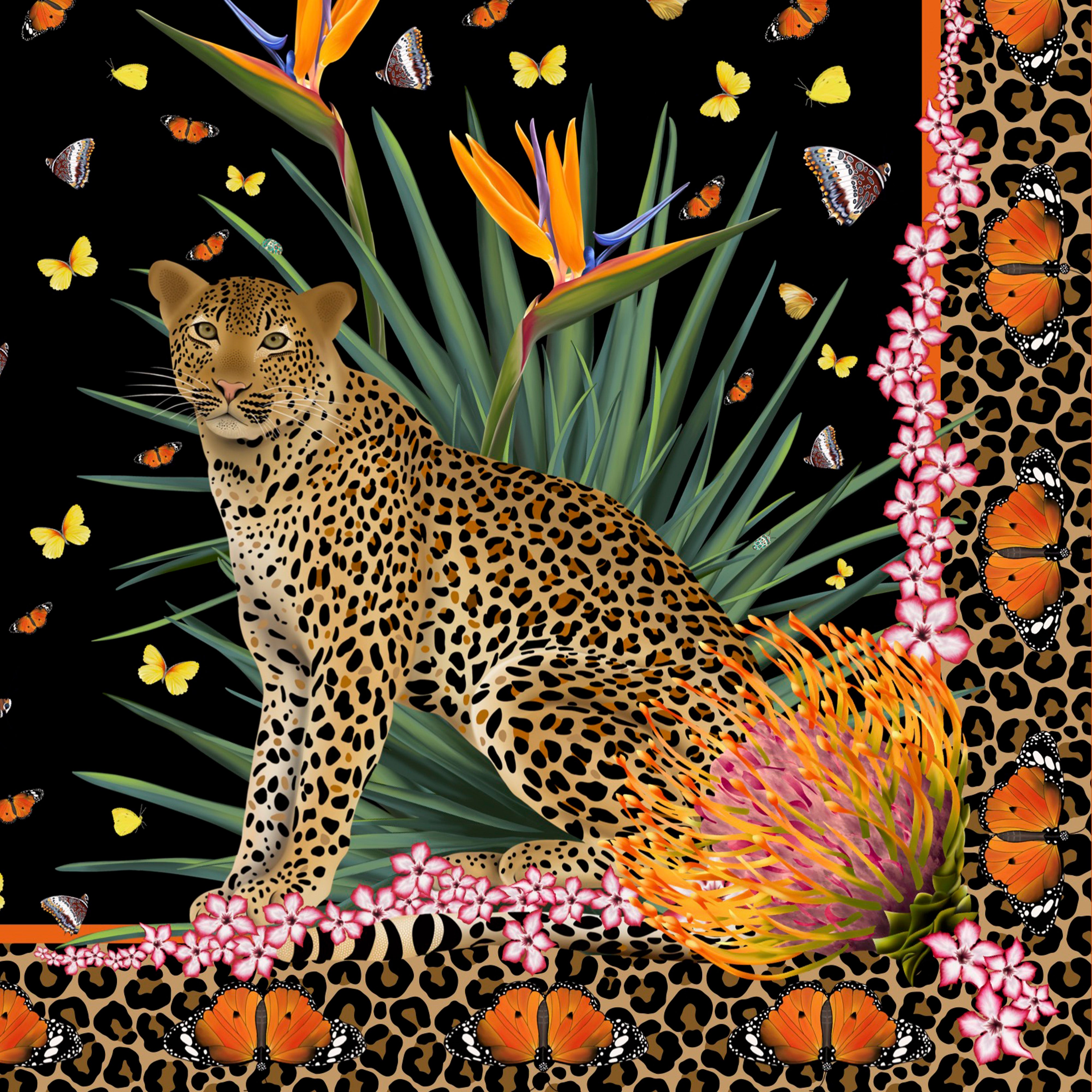Leopard & Butterfly Silk Scarf in Black with Hand-Rolled Hem