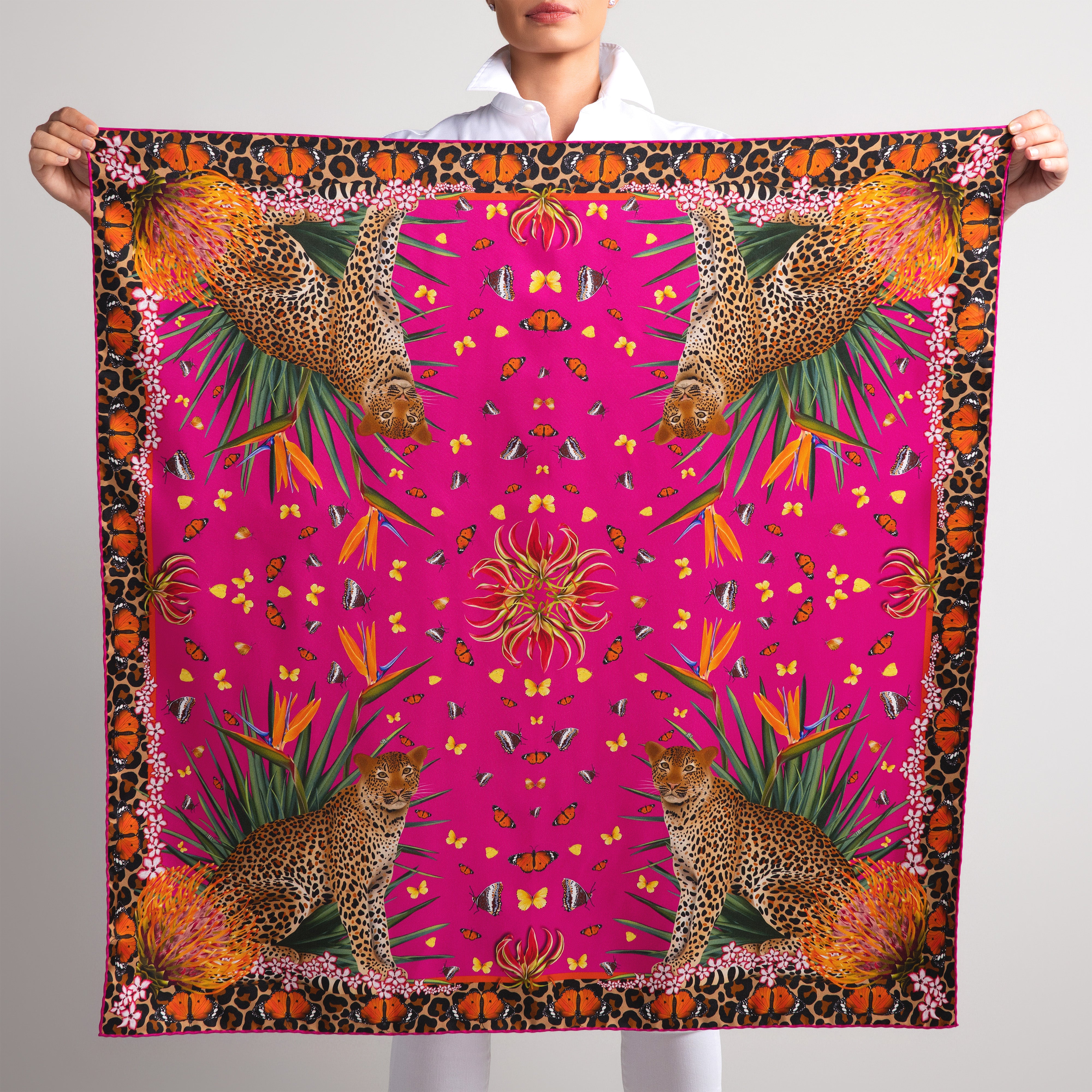 Leopard & Butterfly Silk Scarf in Hot Pink with Hand-Rolled Hem