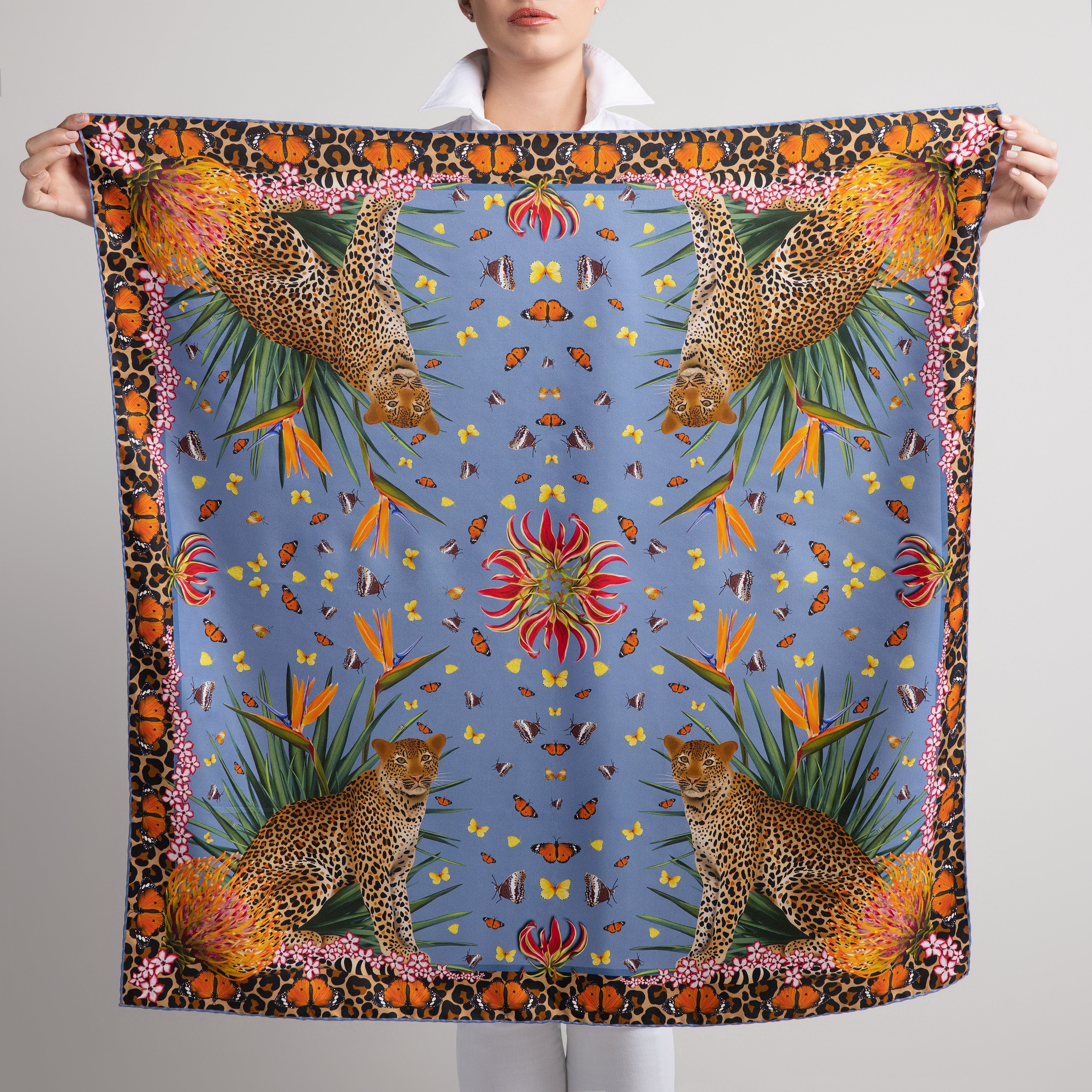 Leopard & Butterfly Silk Scarf in Light Blue with Hand-Rolled Hem