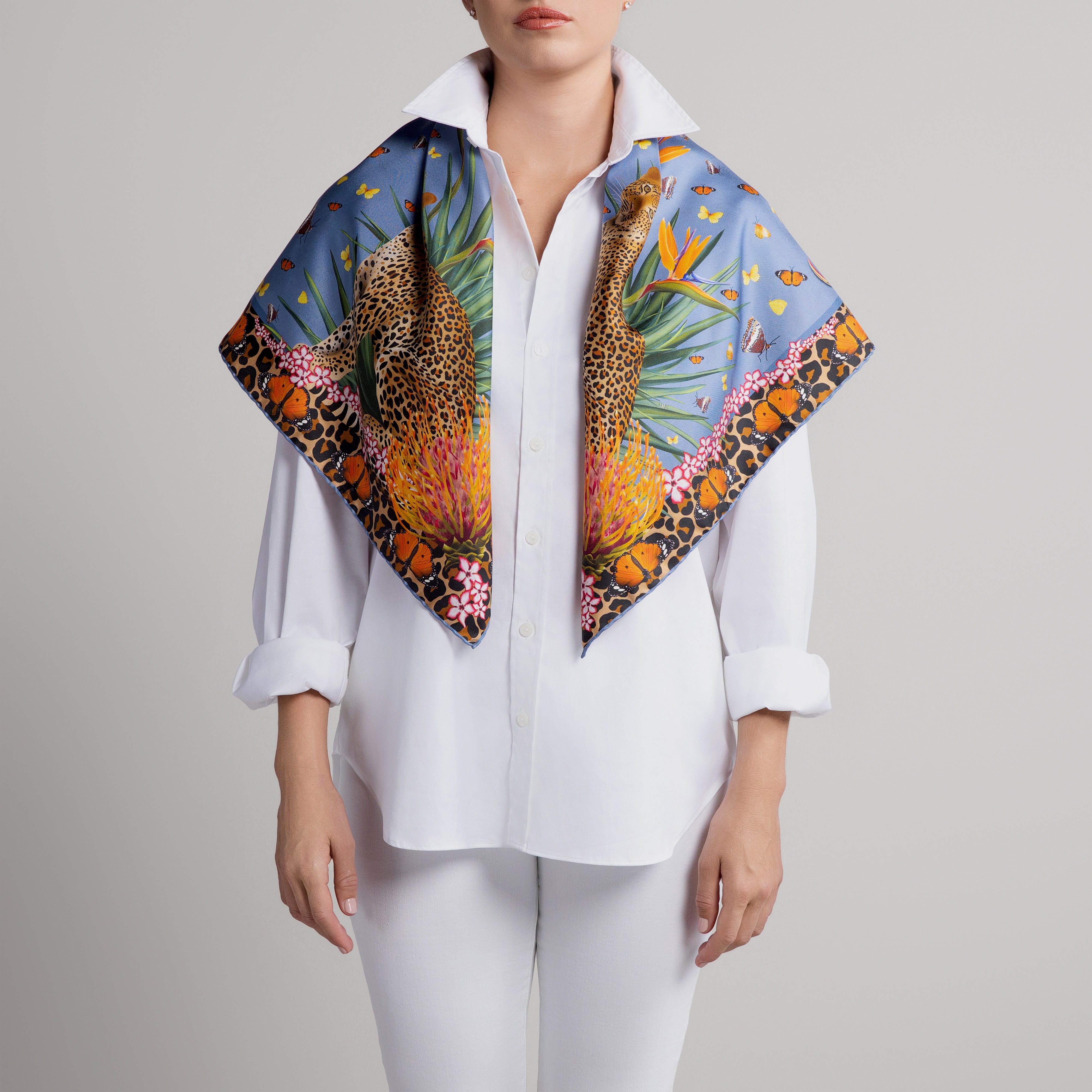 Leopard & Butterfly Silk Scarf in Light Blue with Hand-Rolled Hem