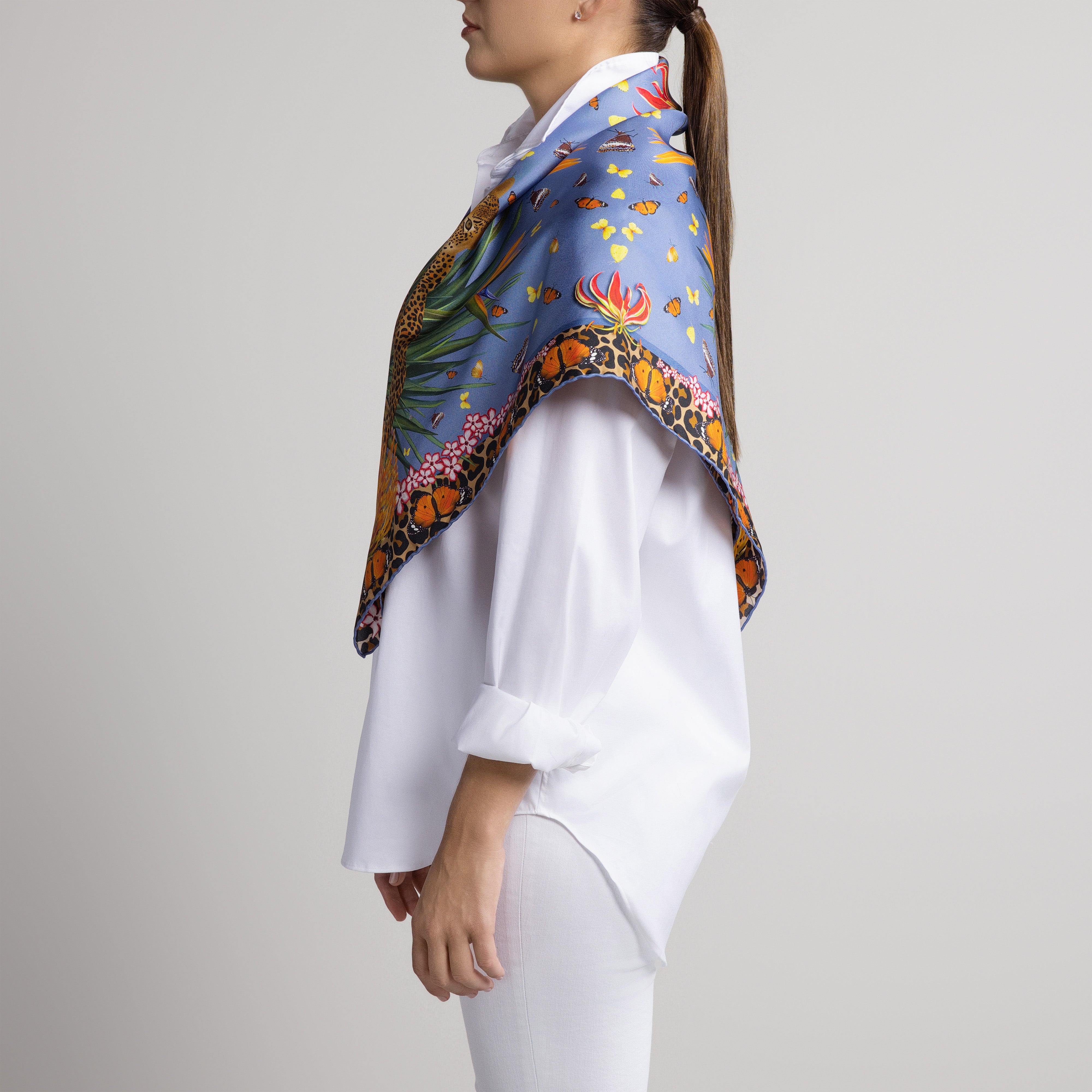 Leopard & Butterfly Silk Scarf in Light Blue with Hand-Rolled Hem