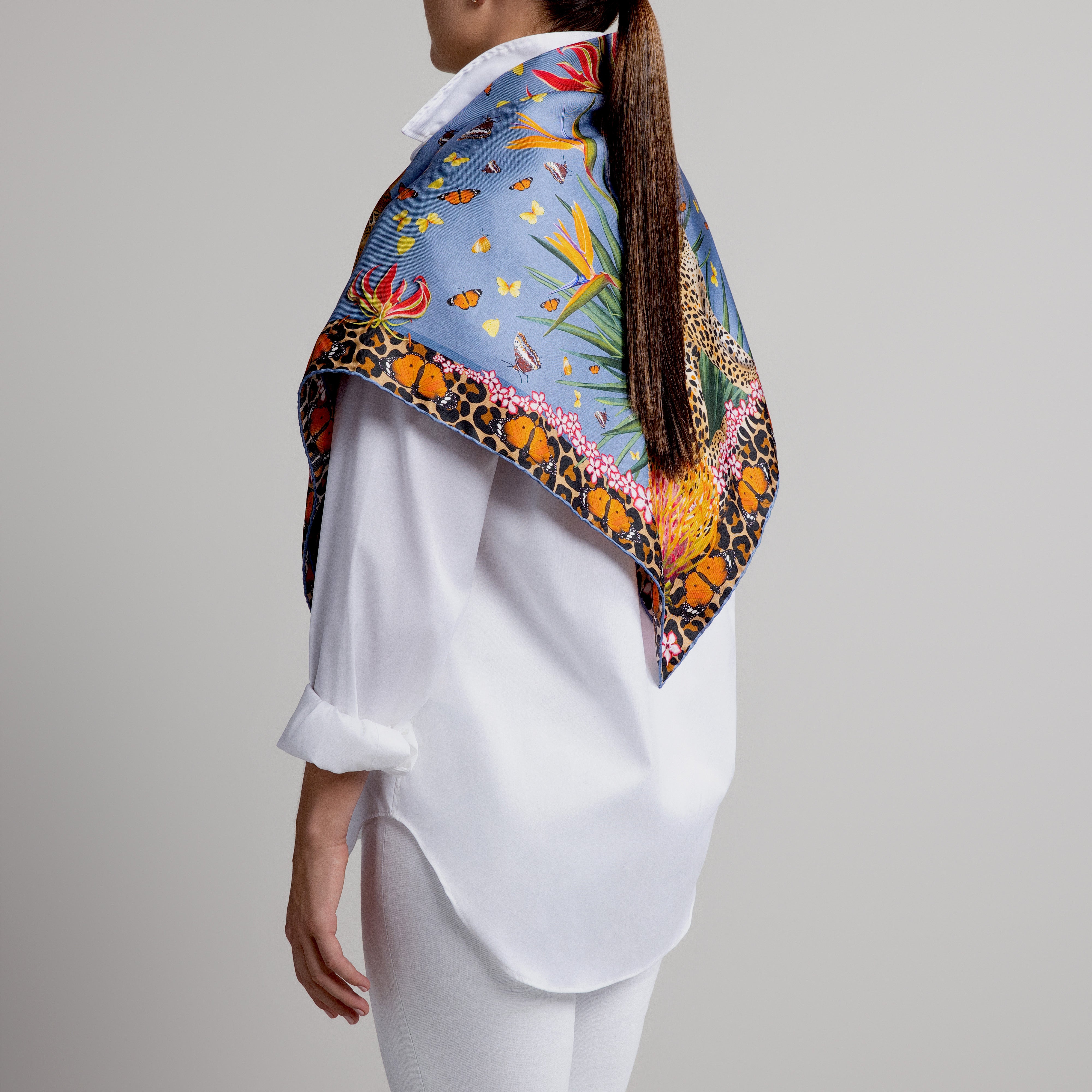 Leopard & Butterfly Silk Scarf in Light Blue with Hand-Rolled Hem