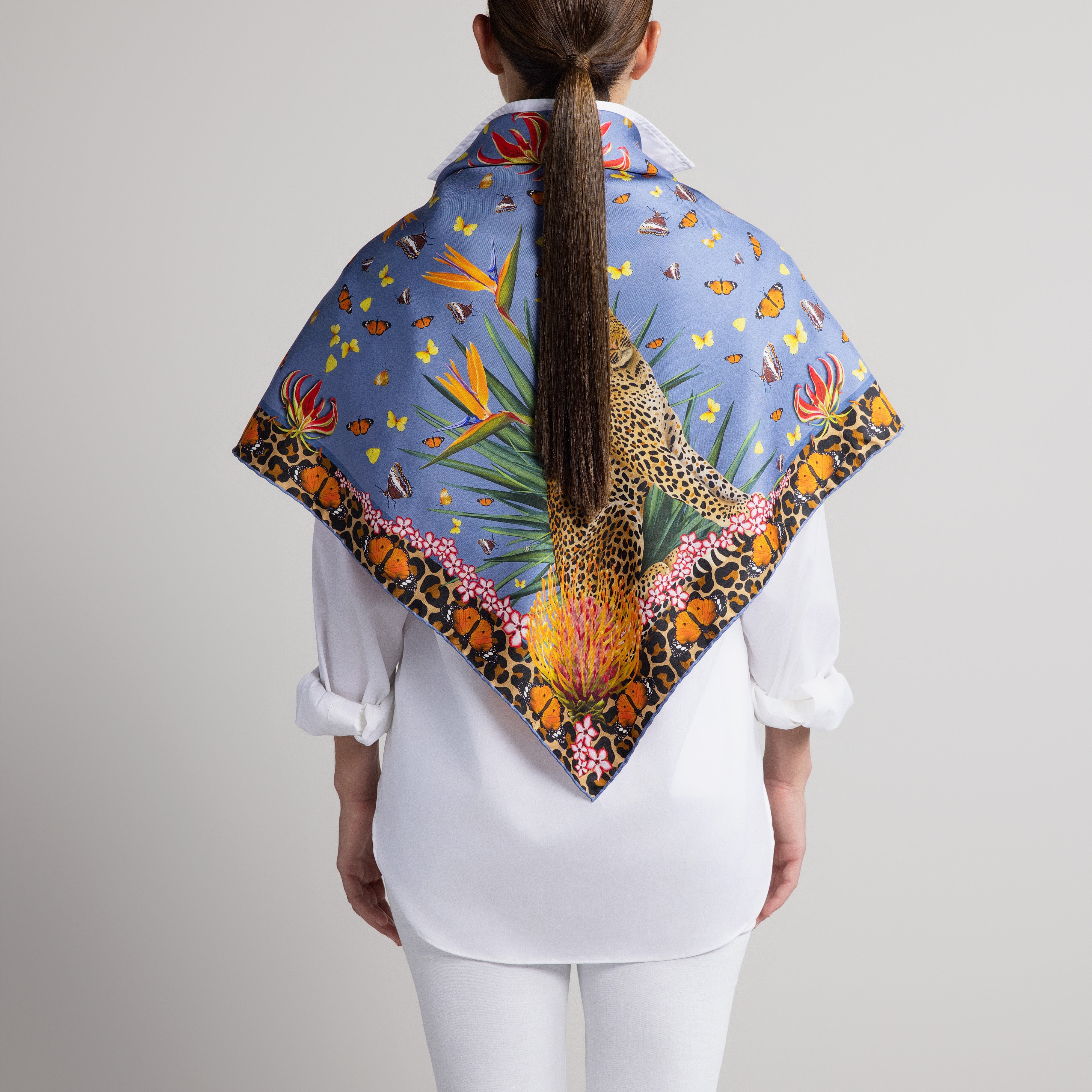 Leopard & Butterfly Silk Scarf in Light Blue with Hand-Rolled Hem