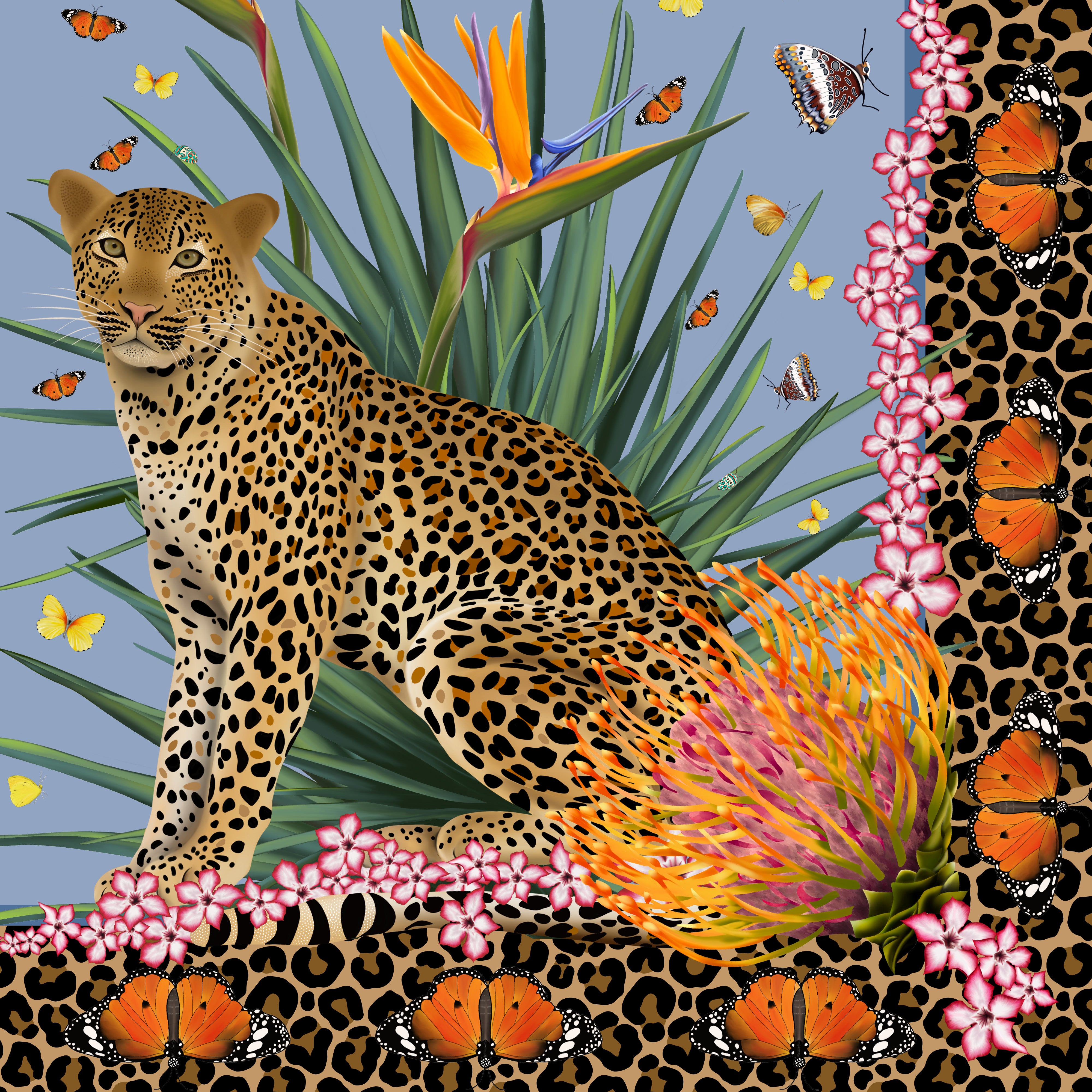 Leopard & Butterfly Silk Scarf in Light Blue with Hand-Rolled Hem