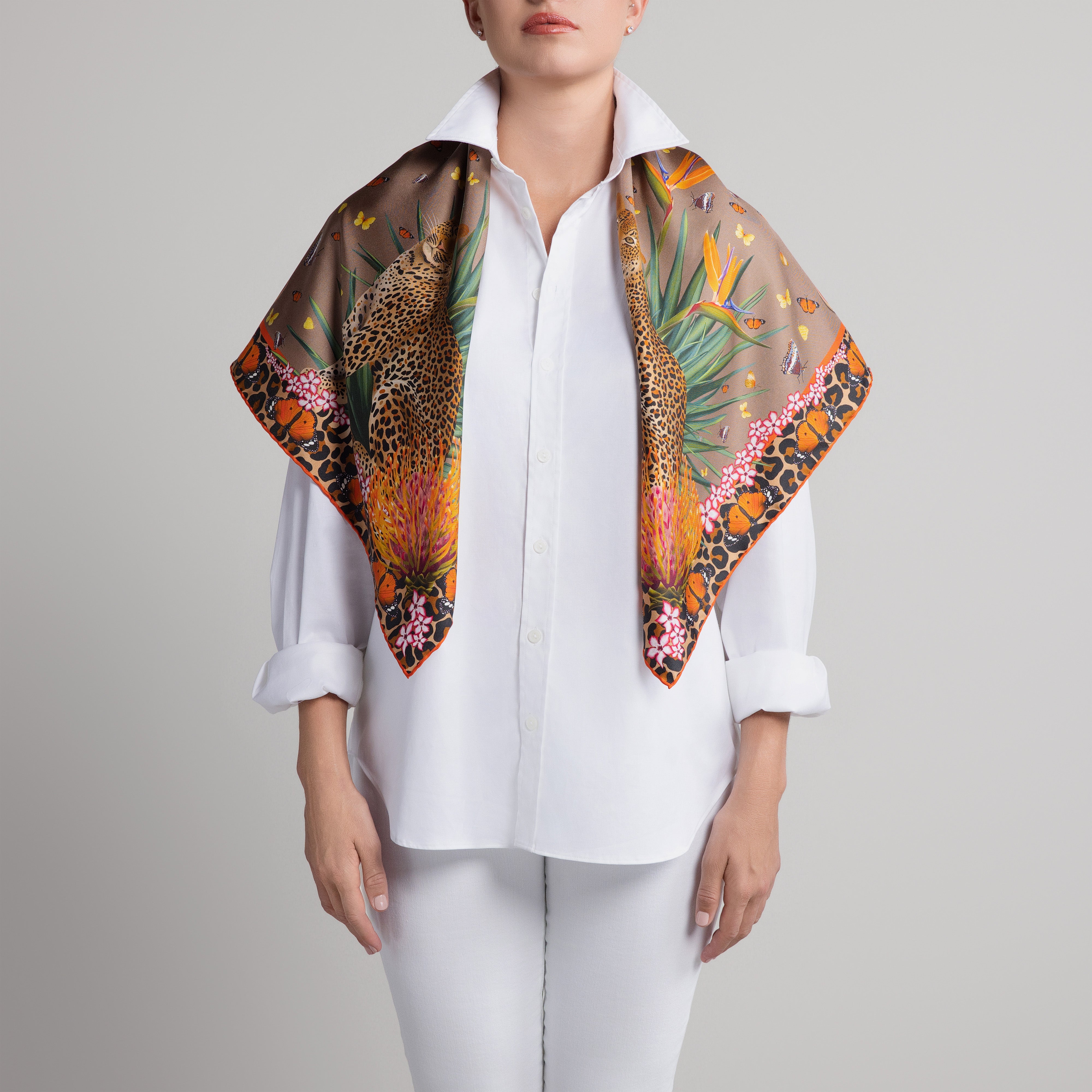 Leopard & Butterfly Silk Scarf in Tan with Hand-Rolled Hem