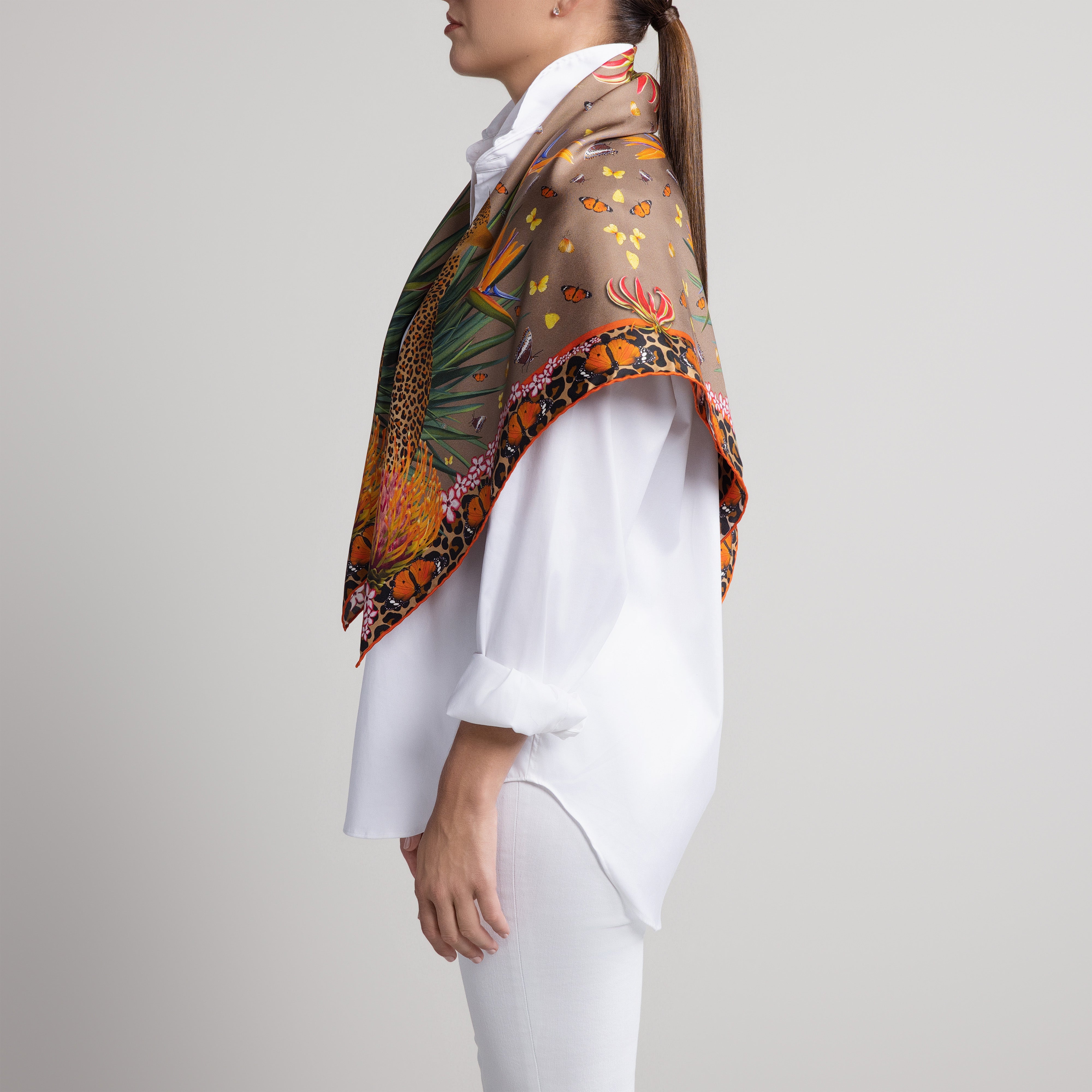 Leopard & Butterfly Silk Scarf in Tan with Hand-Rolled Hem
