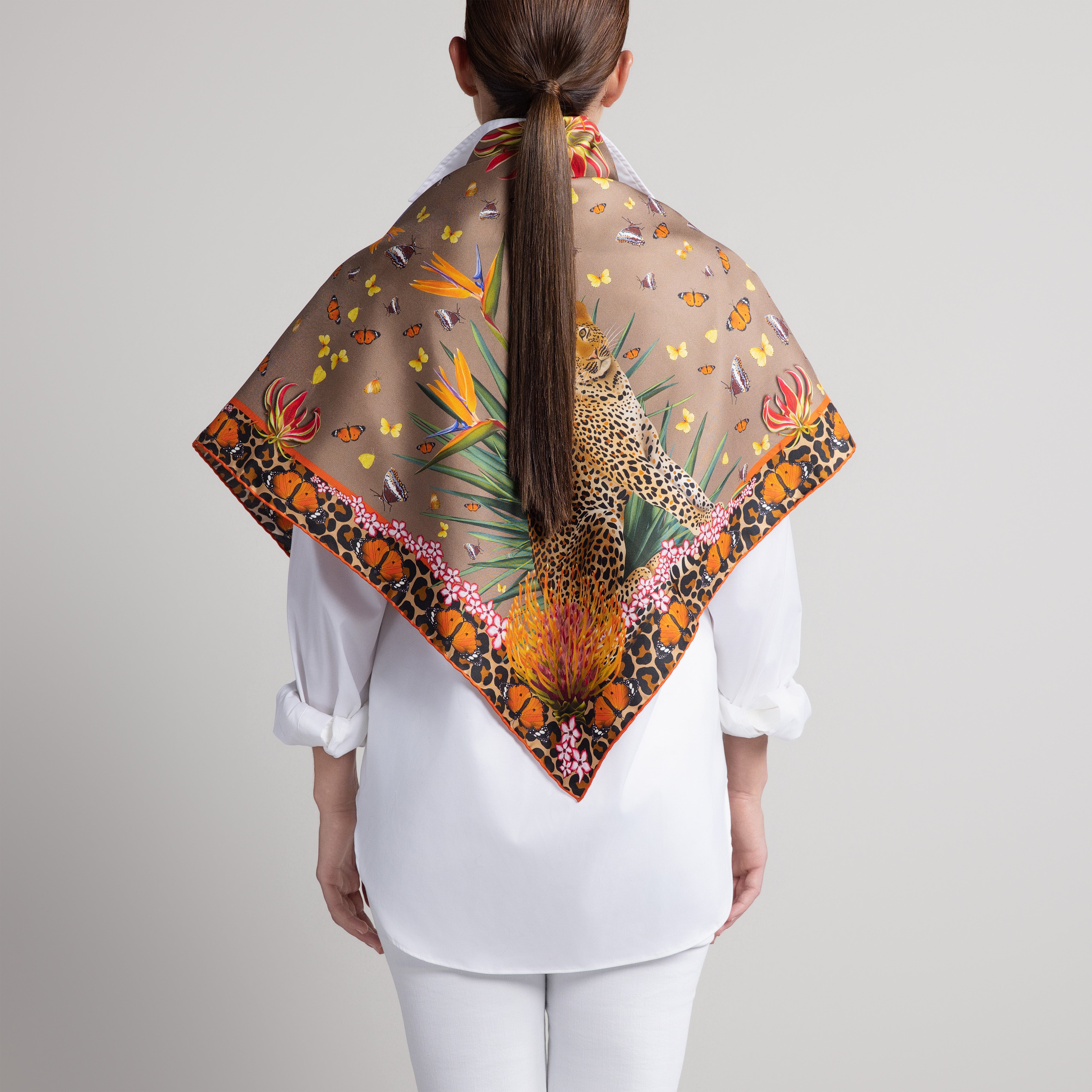 Leopard & Butterfly Silk Scarf in Tan with Hand-Rolled Hem