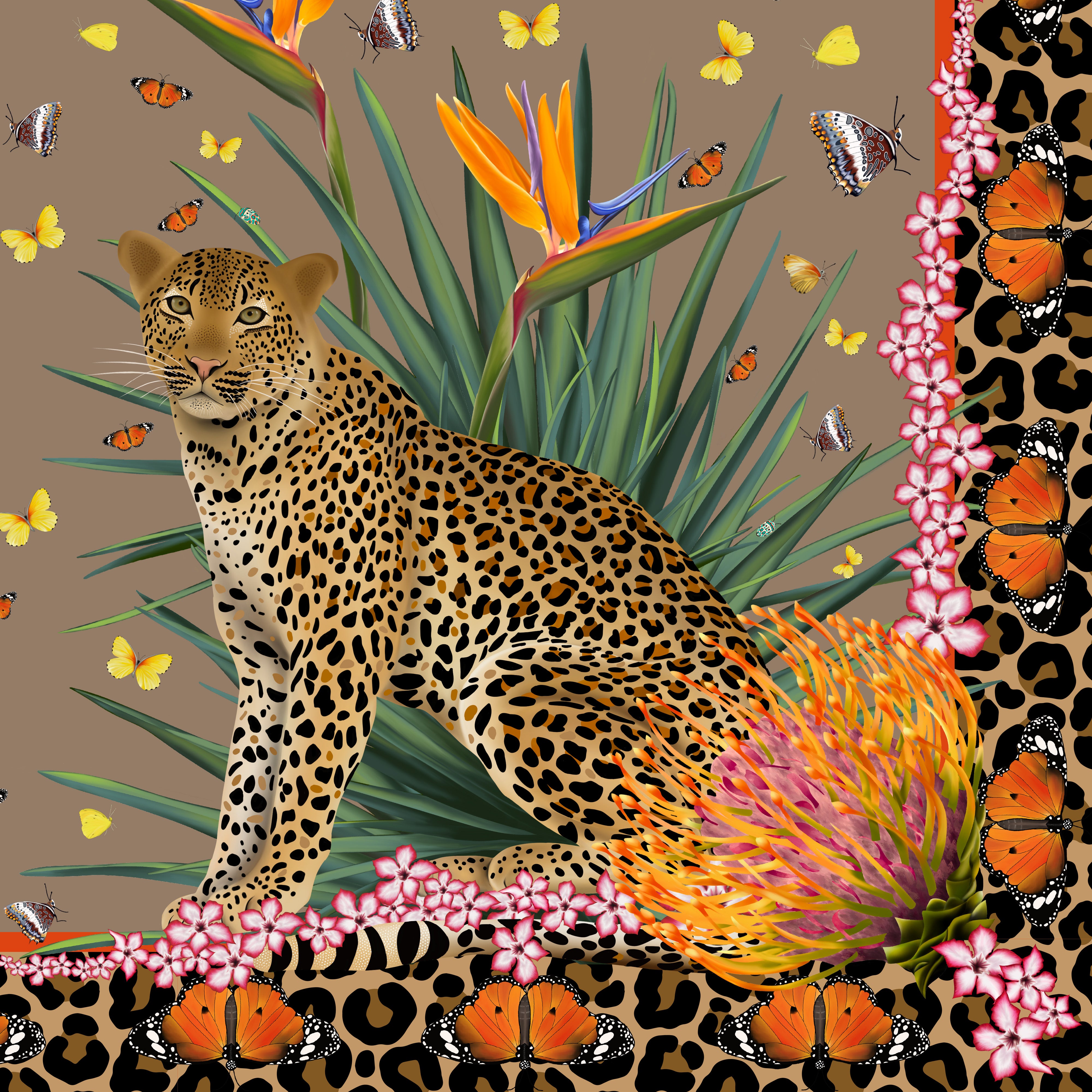 Leopard & Butterfly Silk Scarf in Tan with Hand-Rolled Hem