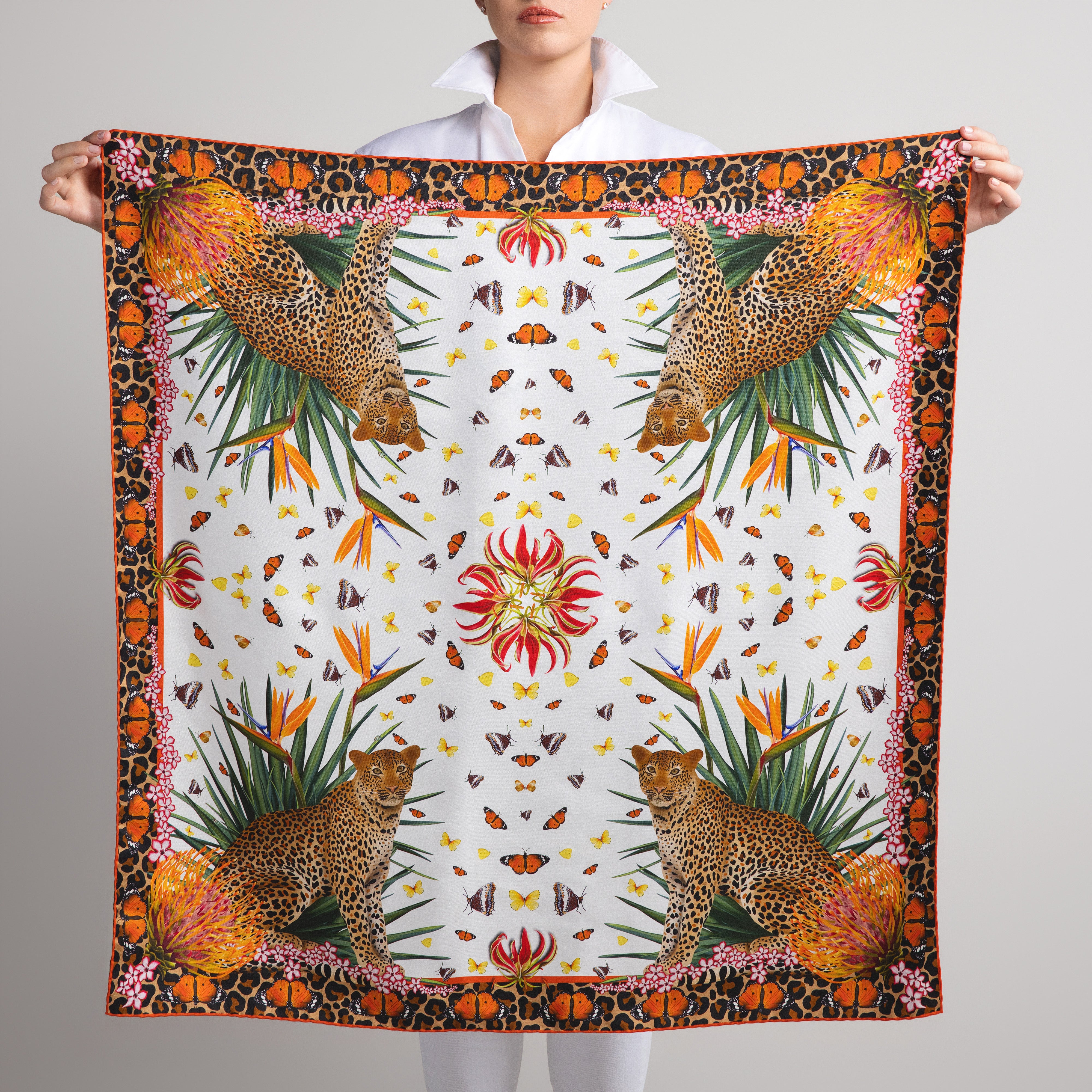 Leopard & Butterfly Silk Scarf in White with Hand-Rolled Hem