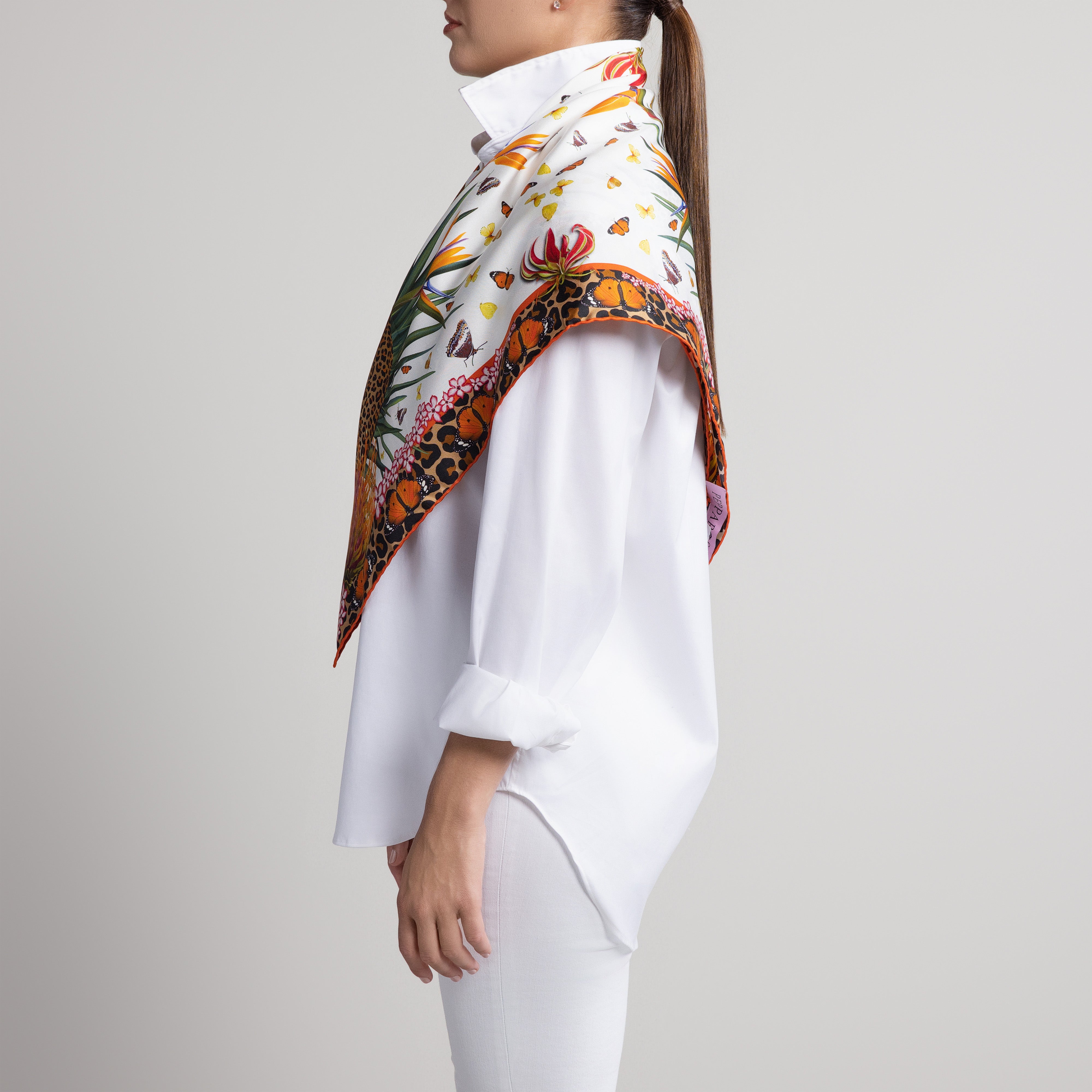 Leopard & Butterfly Silk Scarf in White with Hand-Rolled Hem
