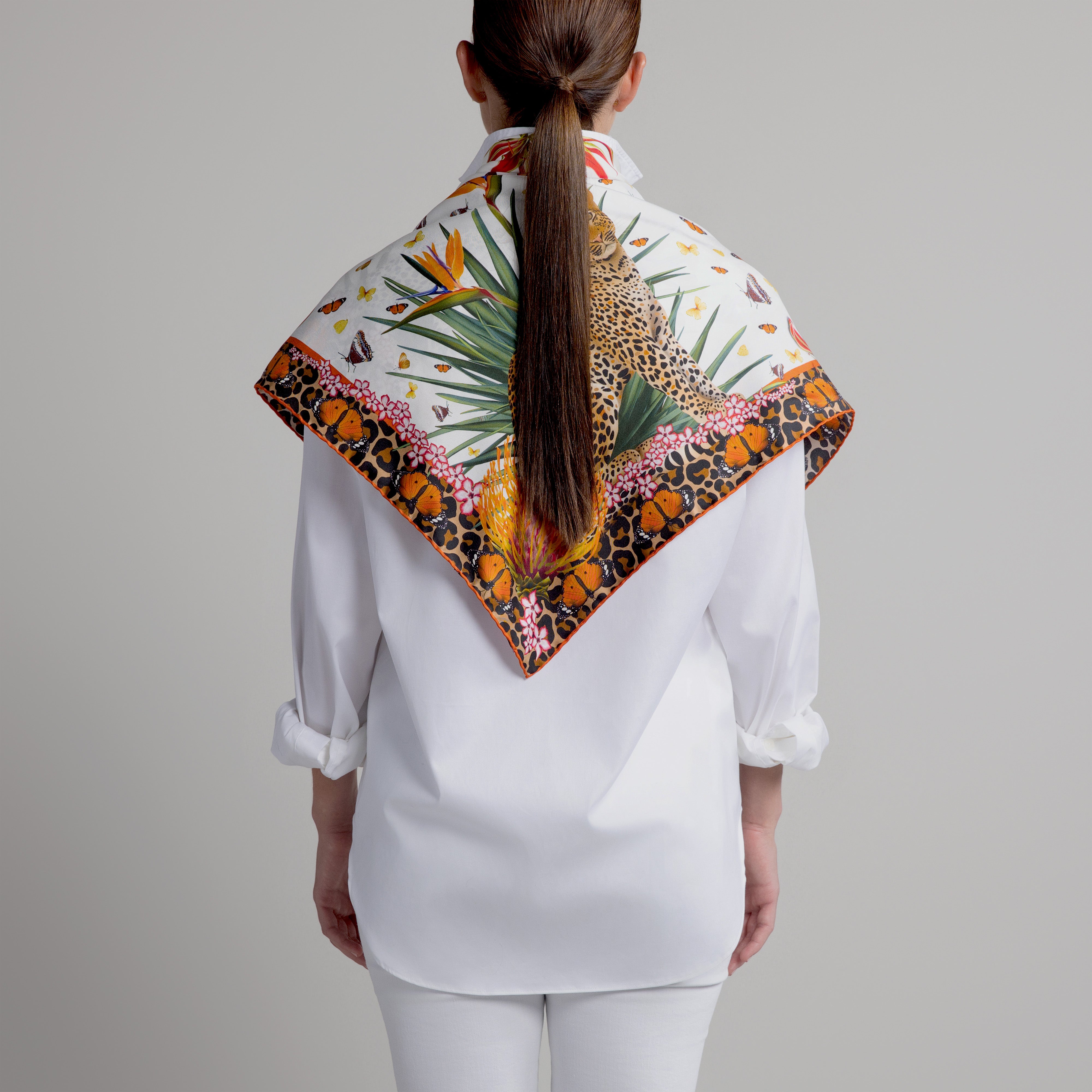 Leopard & Butterfly Silk Scarf in White with Hand-Rolled Hem