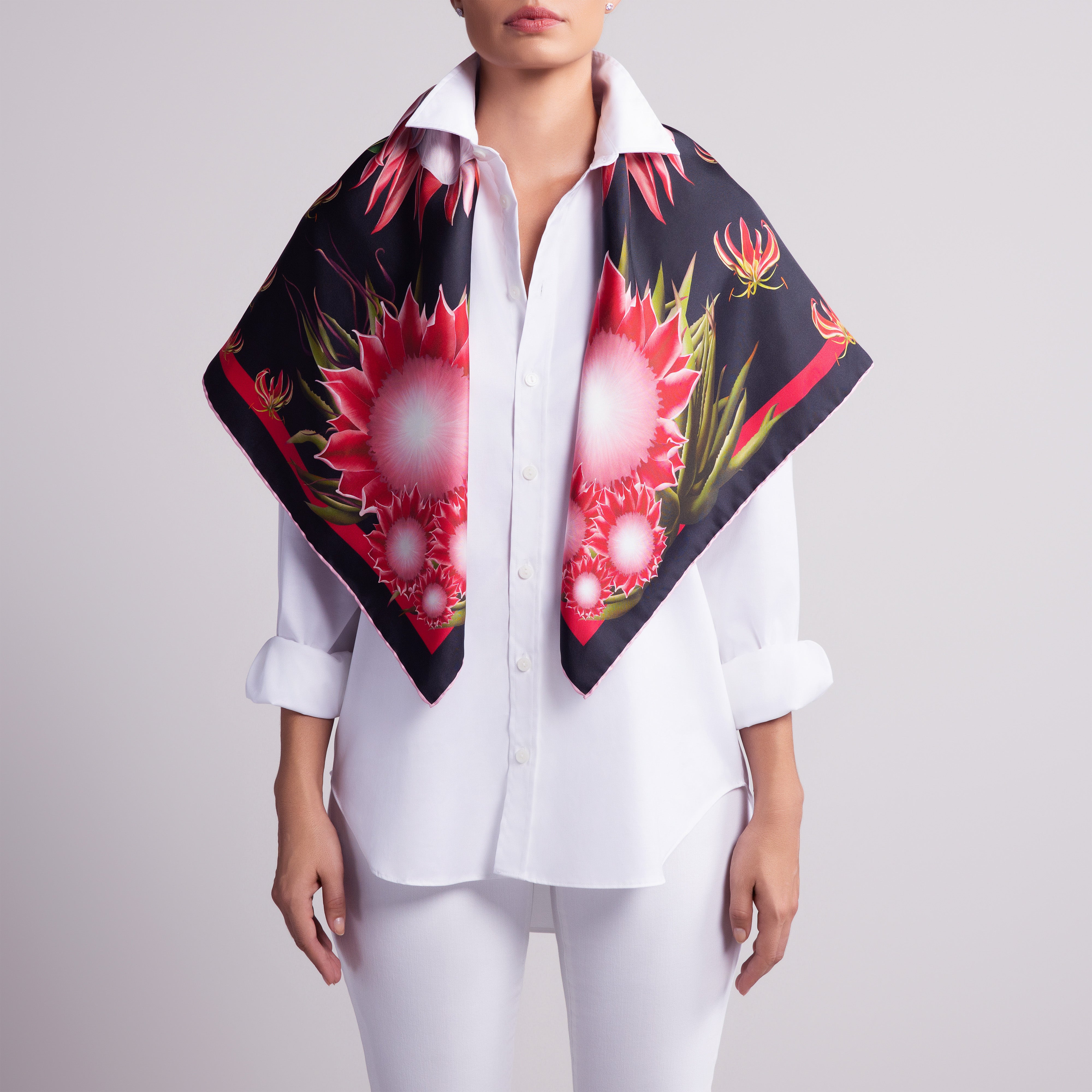 Protea Silk Scarf with Hand-Rolled Hem in Black