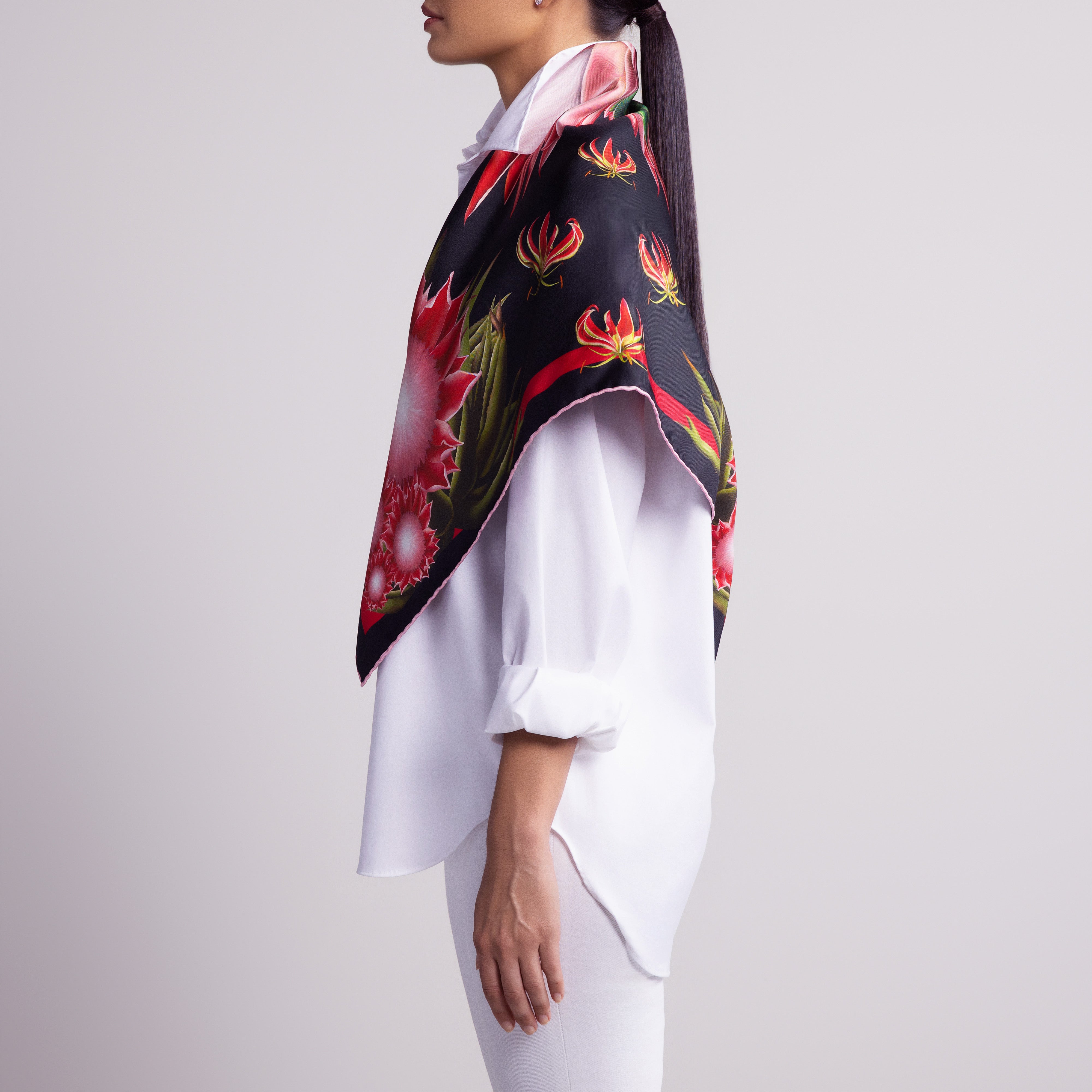 Protea Silk Scarf with Hand-Rolled Hem in Black