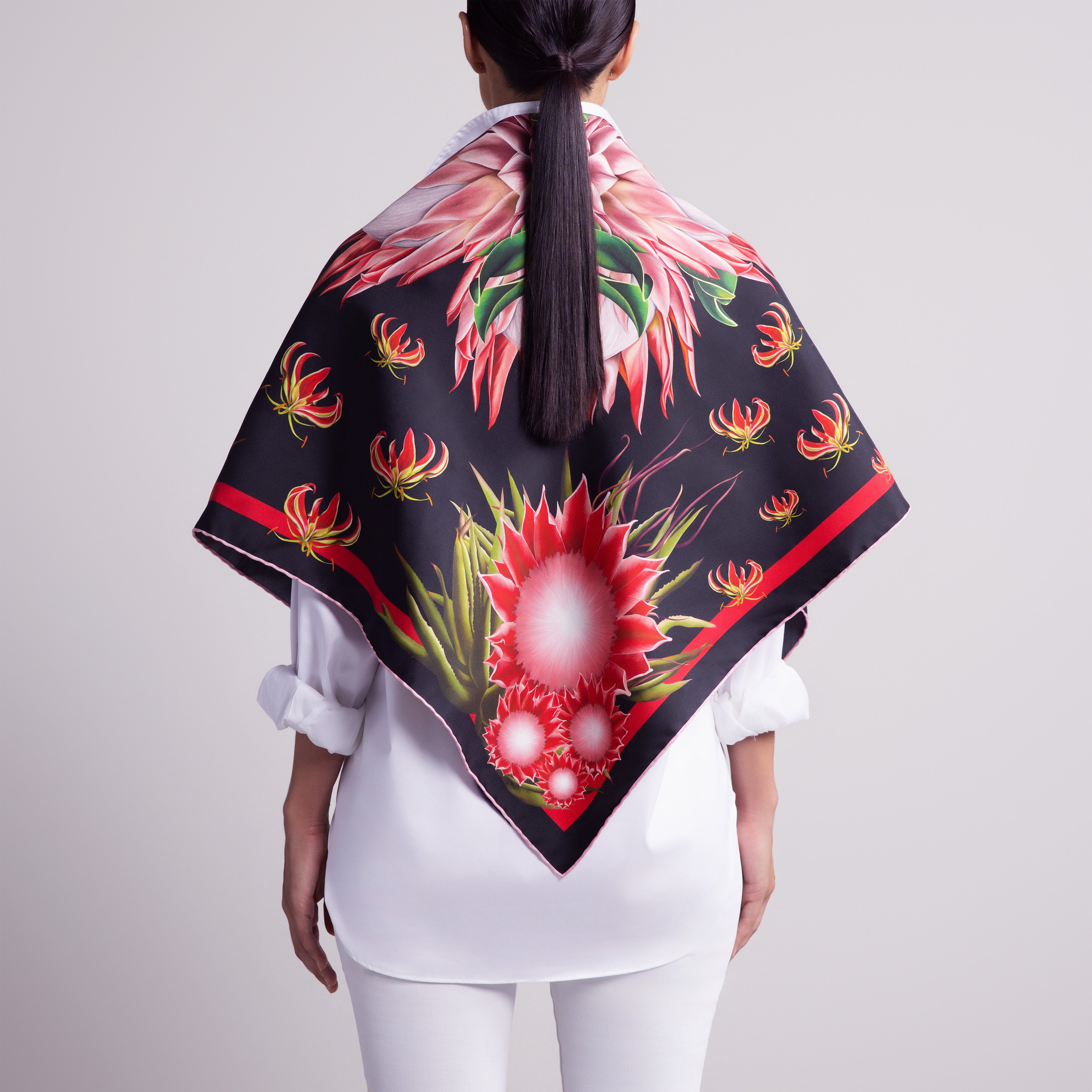 Protea Silk Scarf with Hand-Rolled Hem in Black