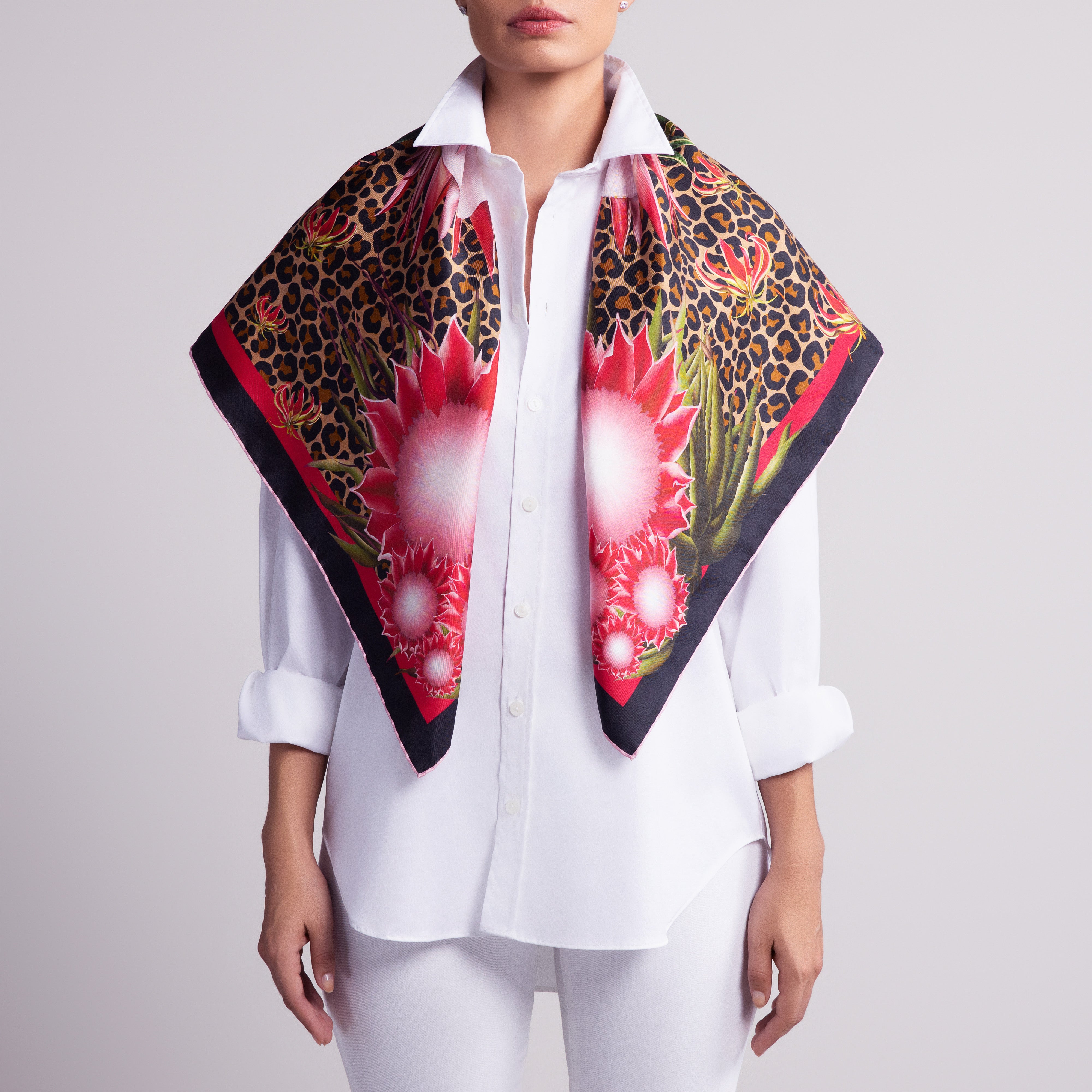 Protea Silk Scarf with Hand-Rolled Hem in Leopard Print