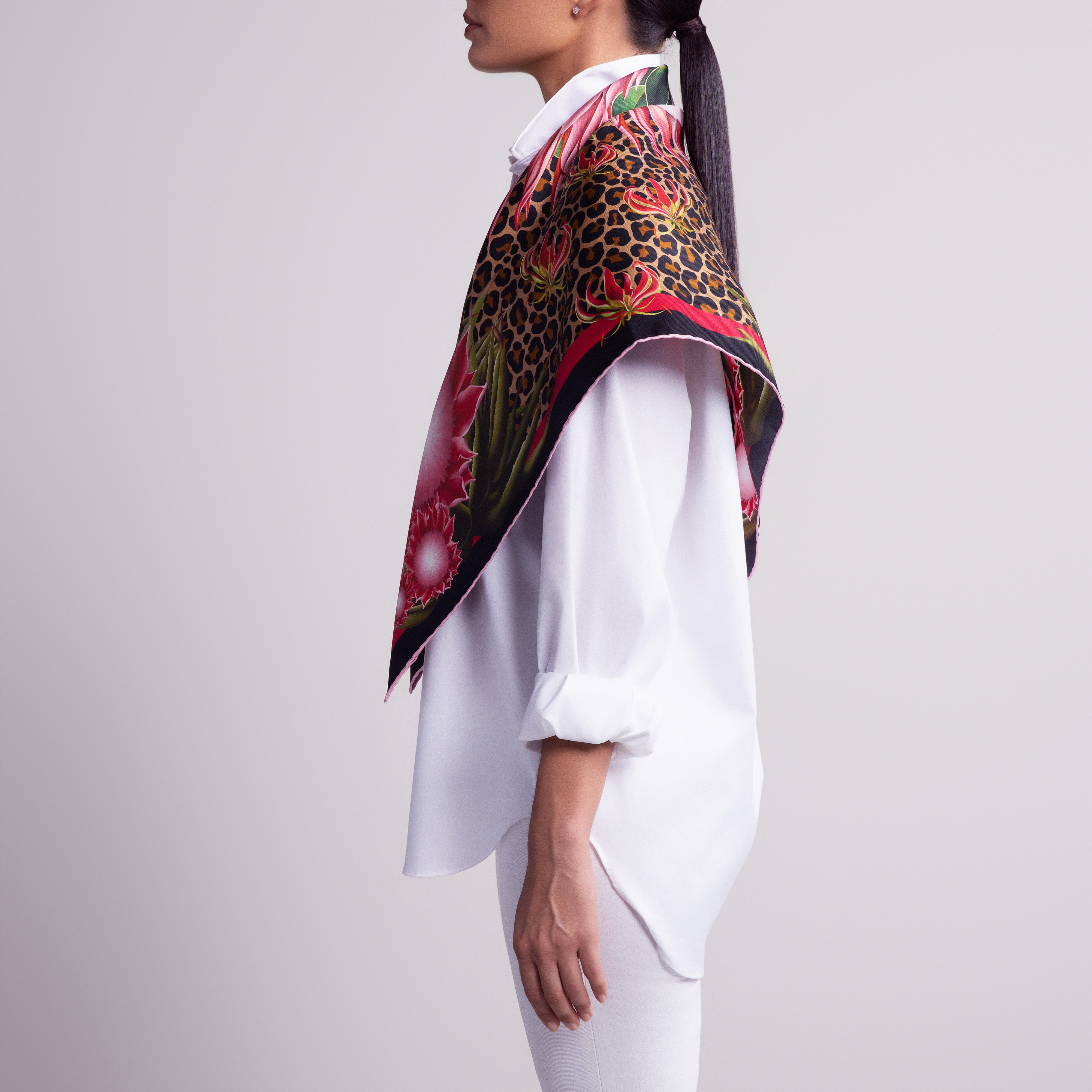 Protea Silk Scarf with Hand-Rolled Hem in Leopard Print