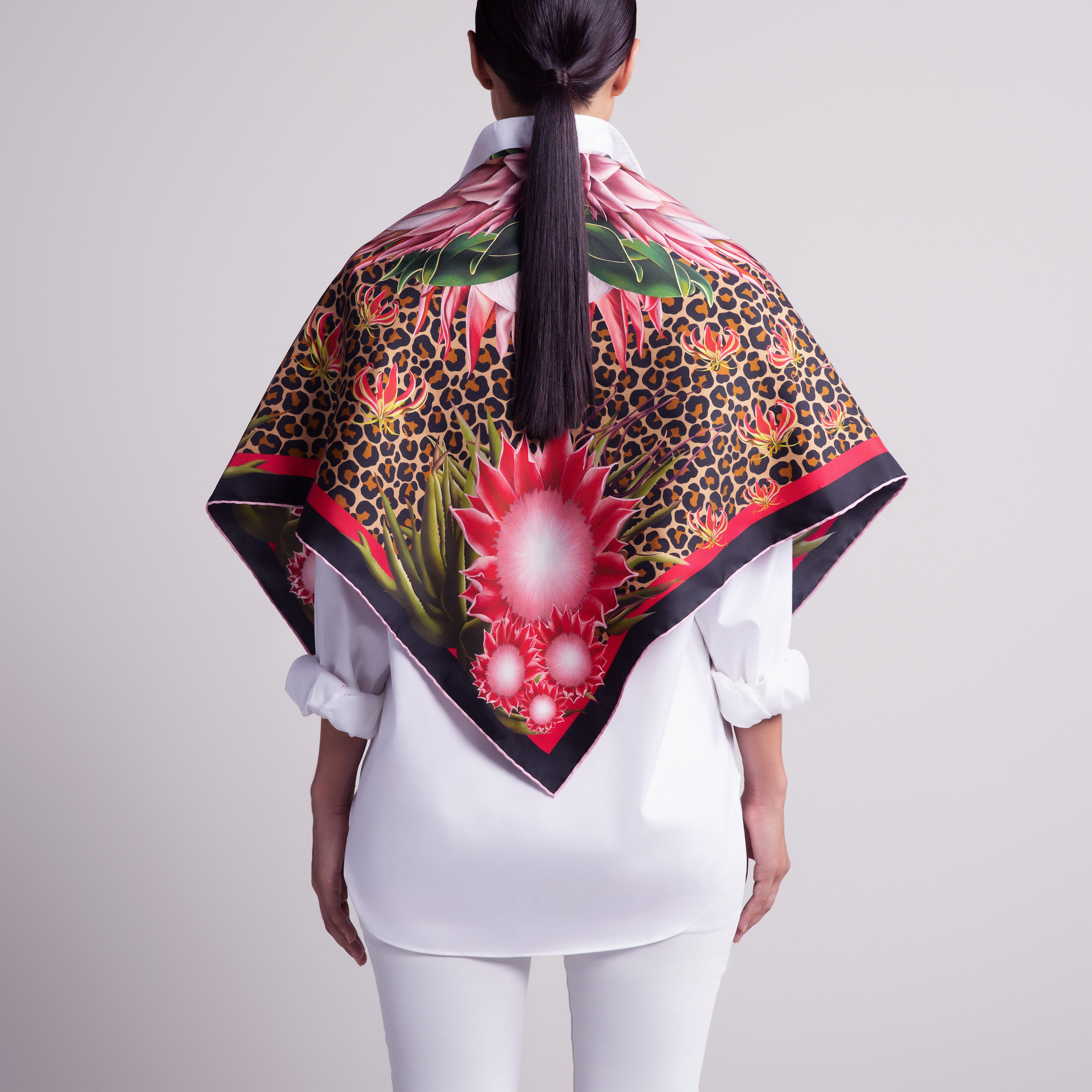 Protea Silk Scarf with Hand-Rolled Hem in Leopard Print