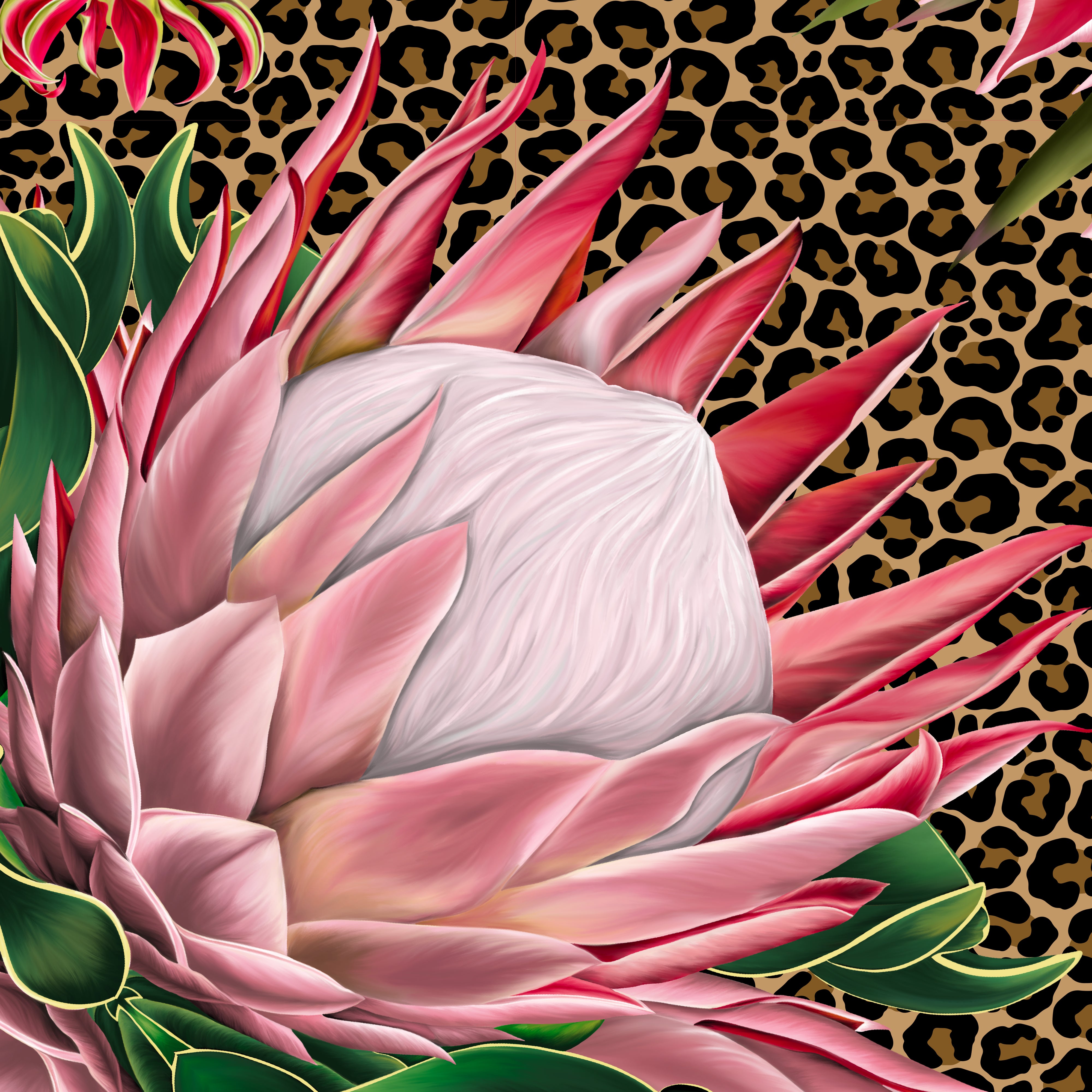 Protea Silk Scarf with Hand-Rolled Hem in Leopard Print