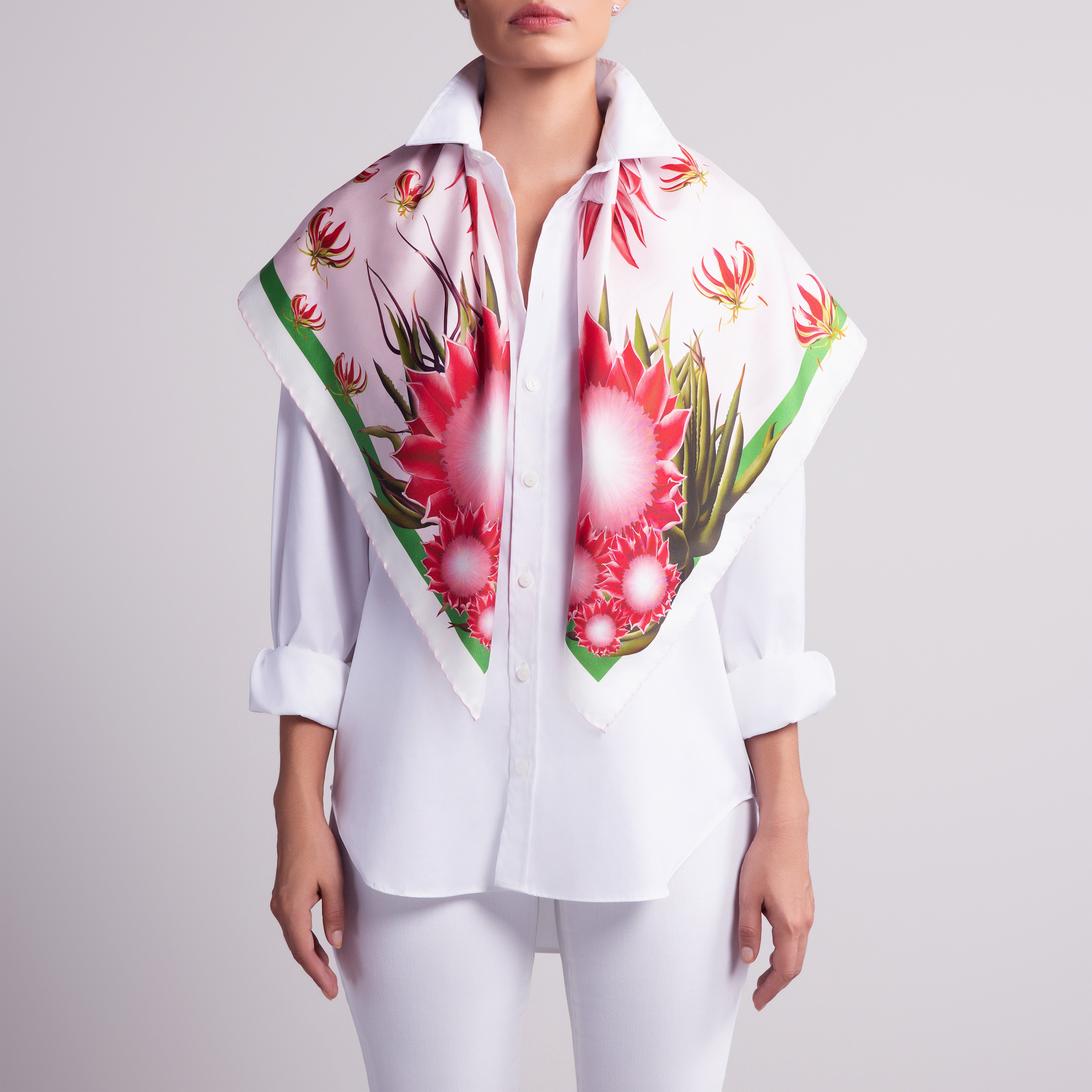 Protea Silk Scarf with Hand-Rolled Hem in Pale Pink