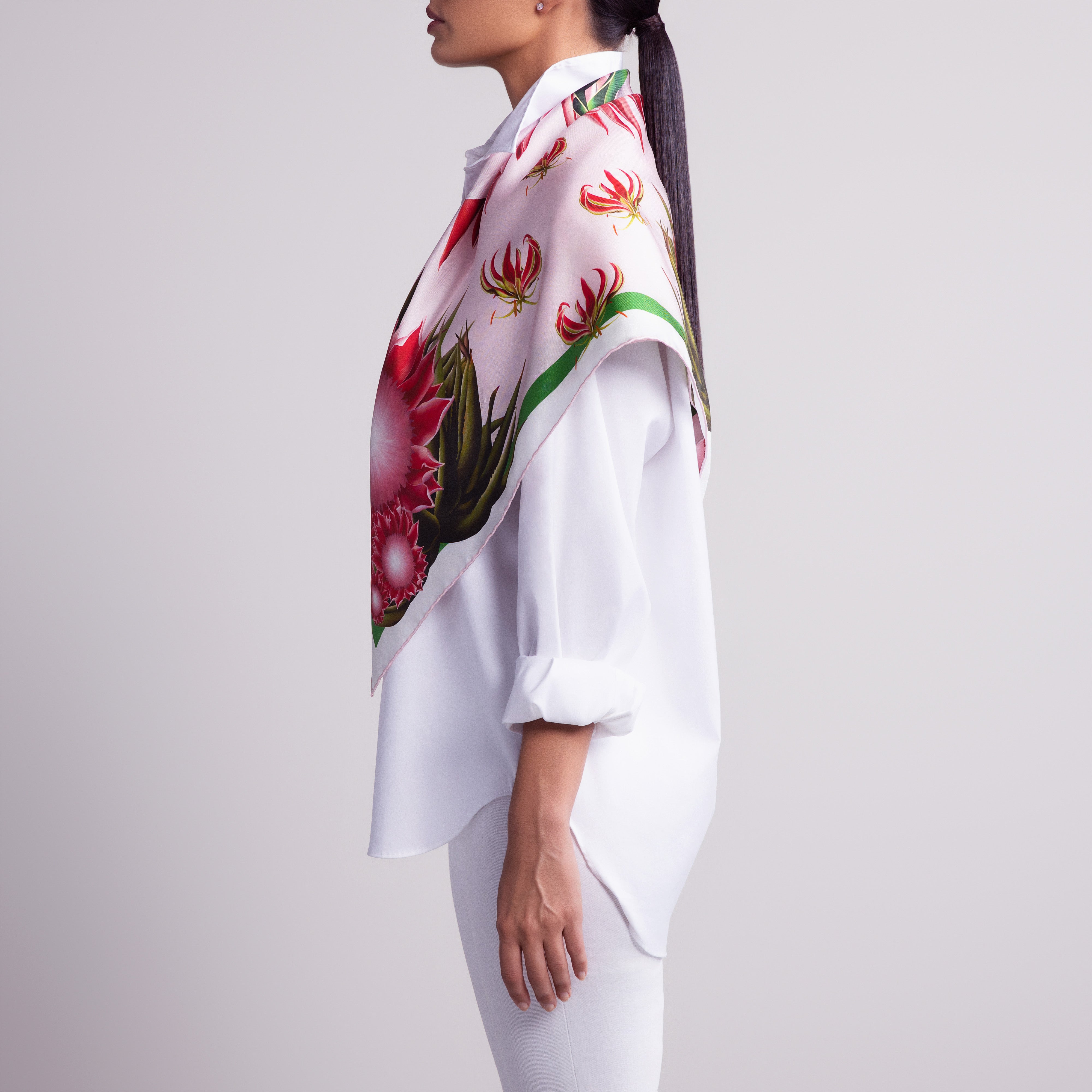 Protea Silk Scarf with Hand-Rolled Hem in Pale Pink