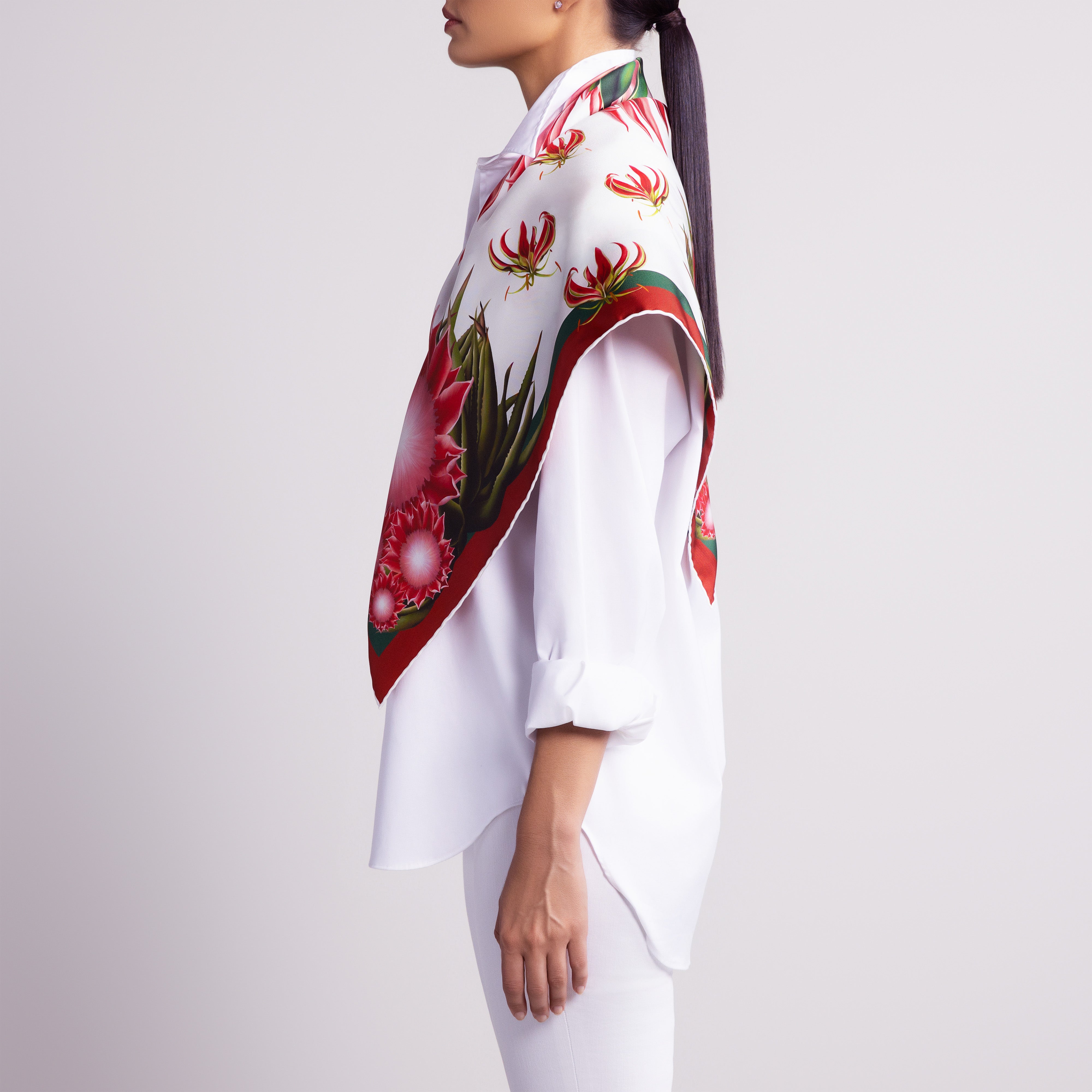 Protea Silk Scarf with Hand-Rolled Hem in White