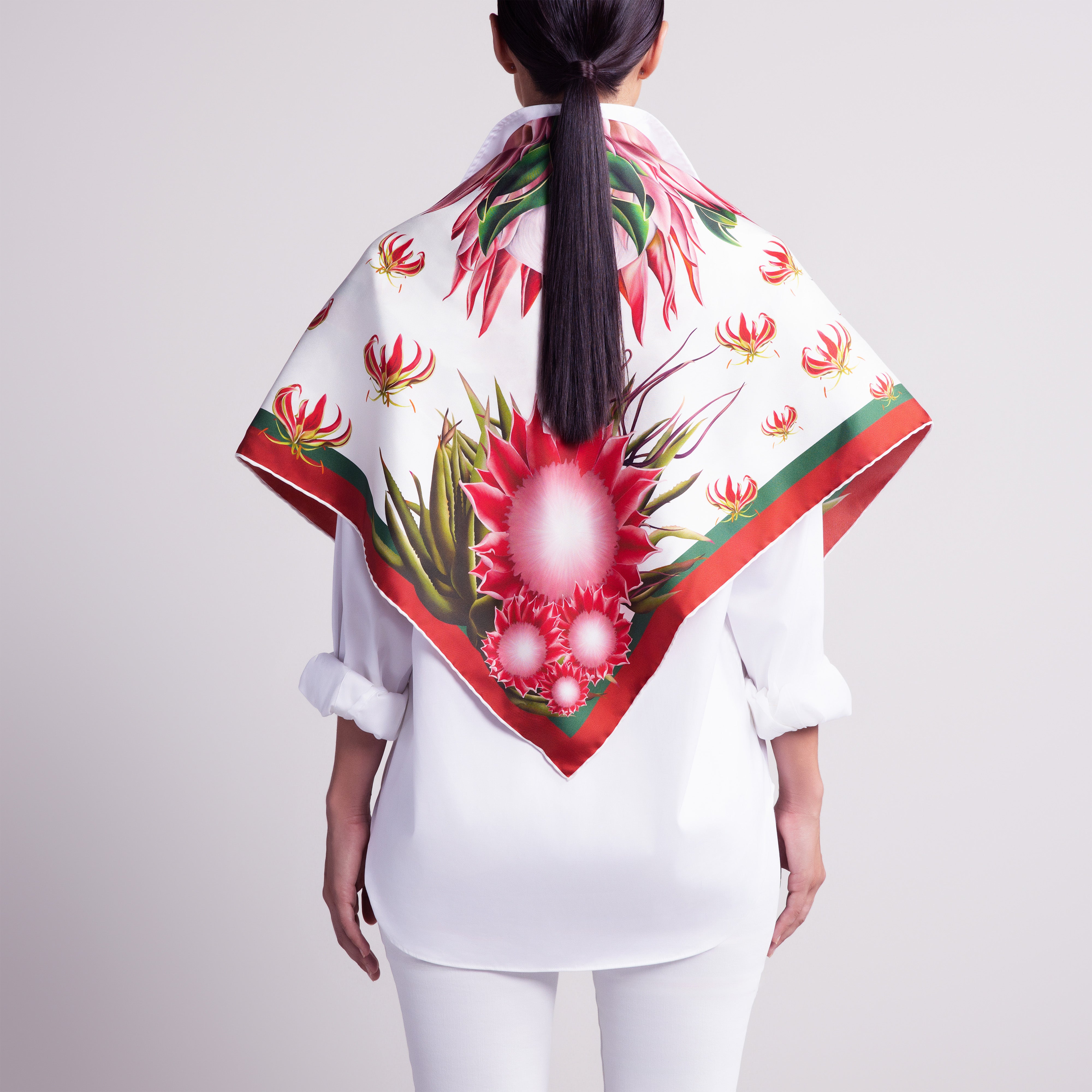Protea Silk Scarf with Hand-Rolled Hem in White