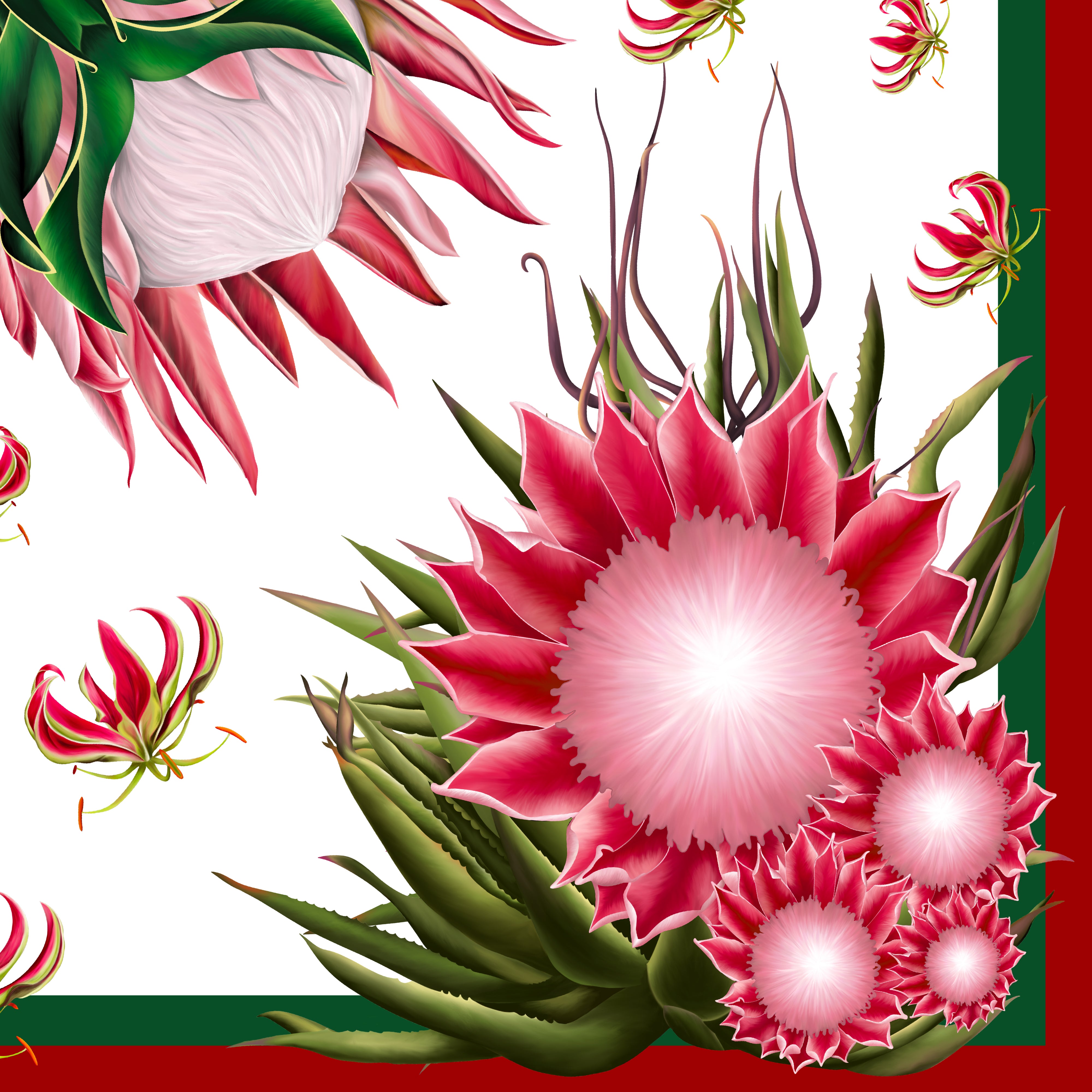 Protea Silk Scarf with Hand-Rolled Hem in White