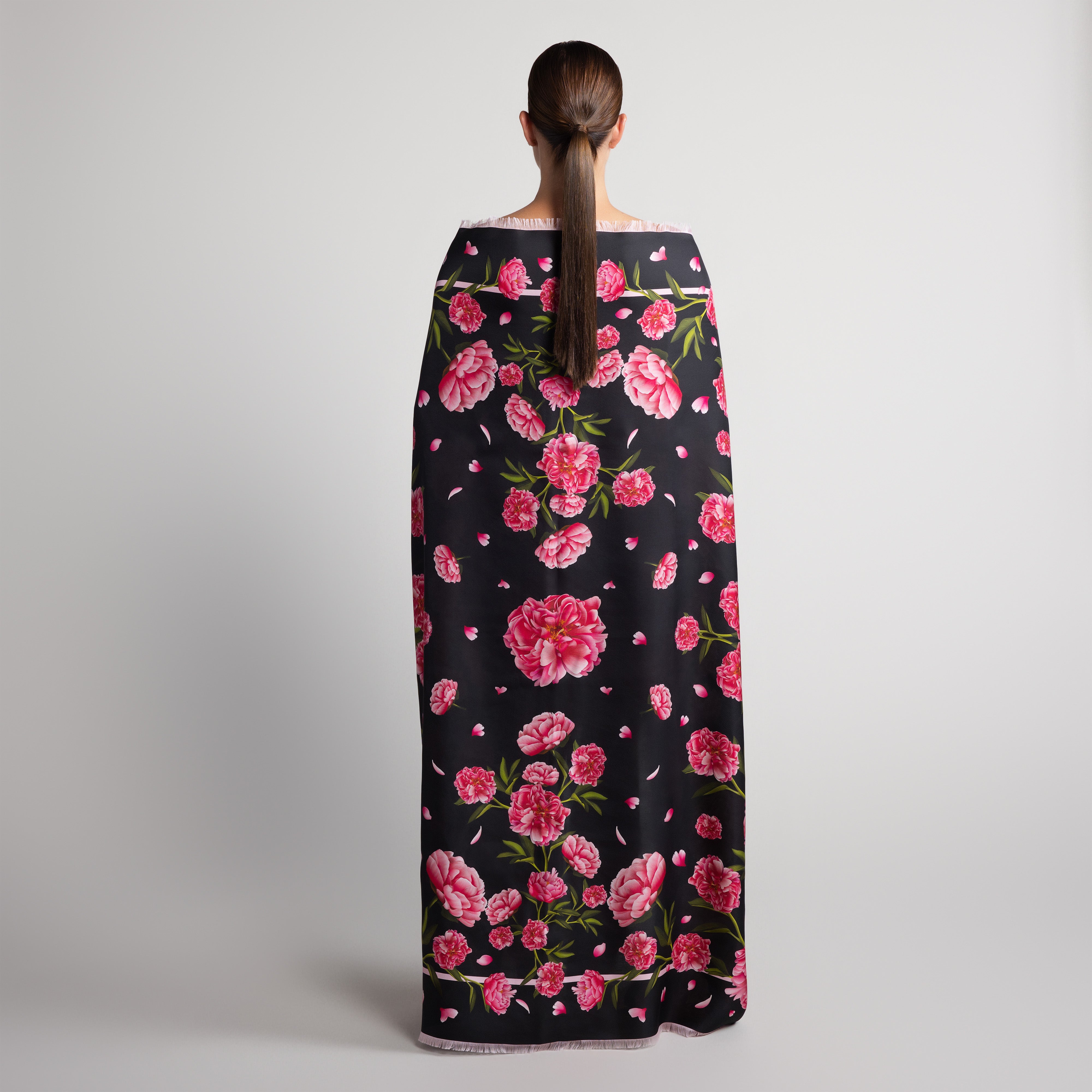Peony Grande Silk Scarf in Black with Hand-Feathered Edges