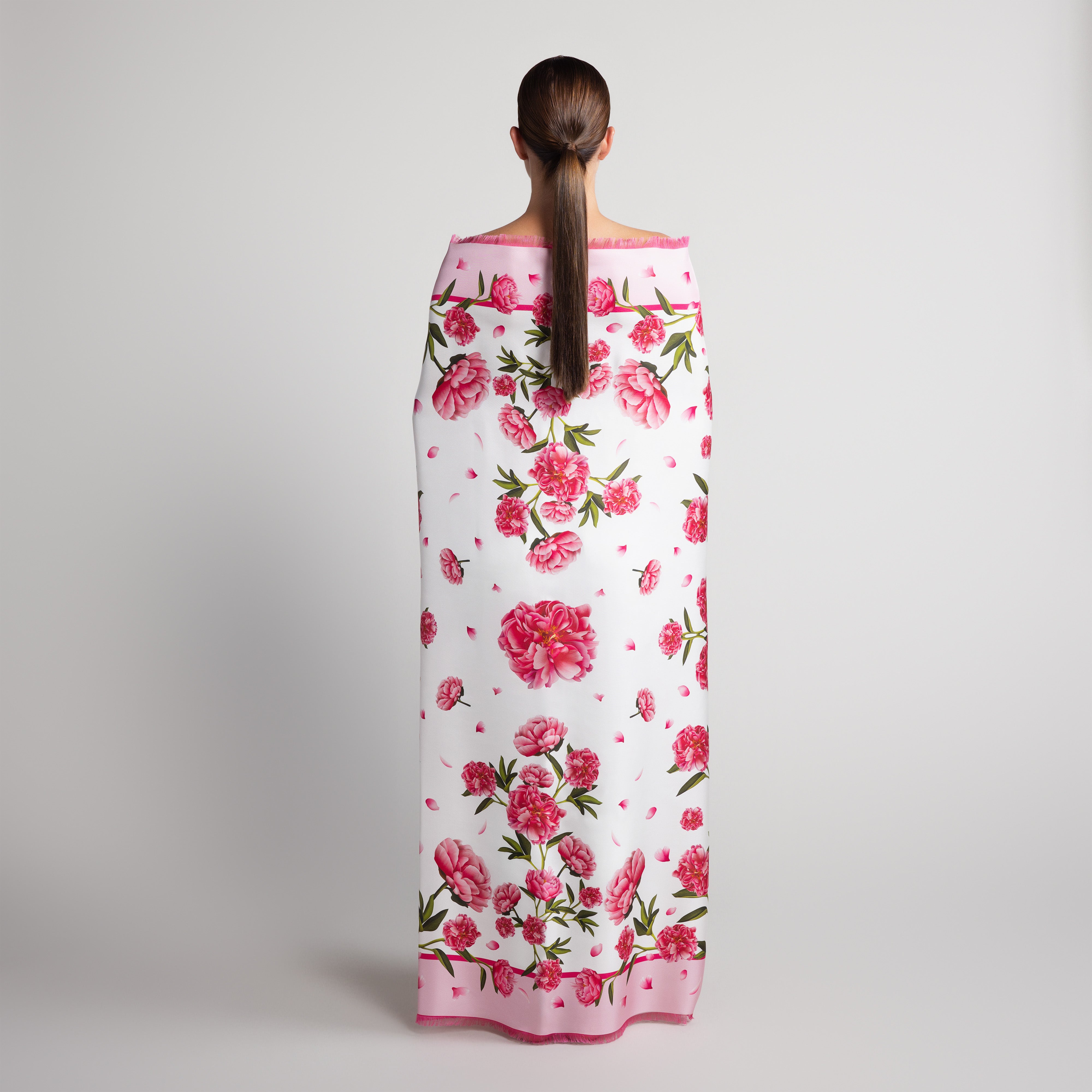Peony Grande Silk Scarf in White with Hand-Feathered Edges