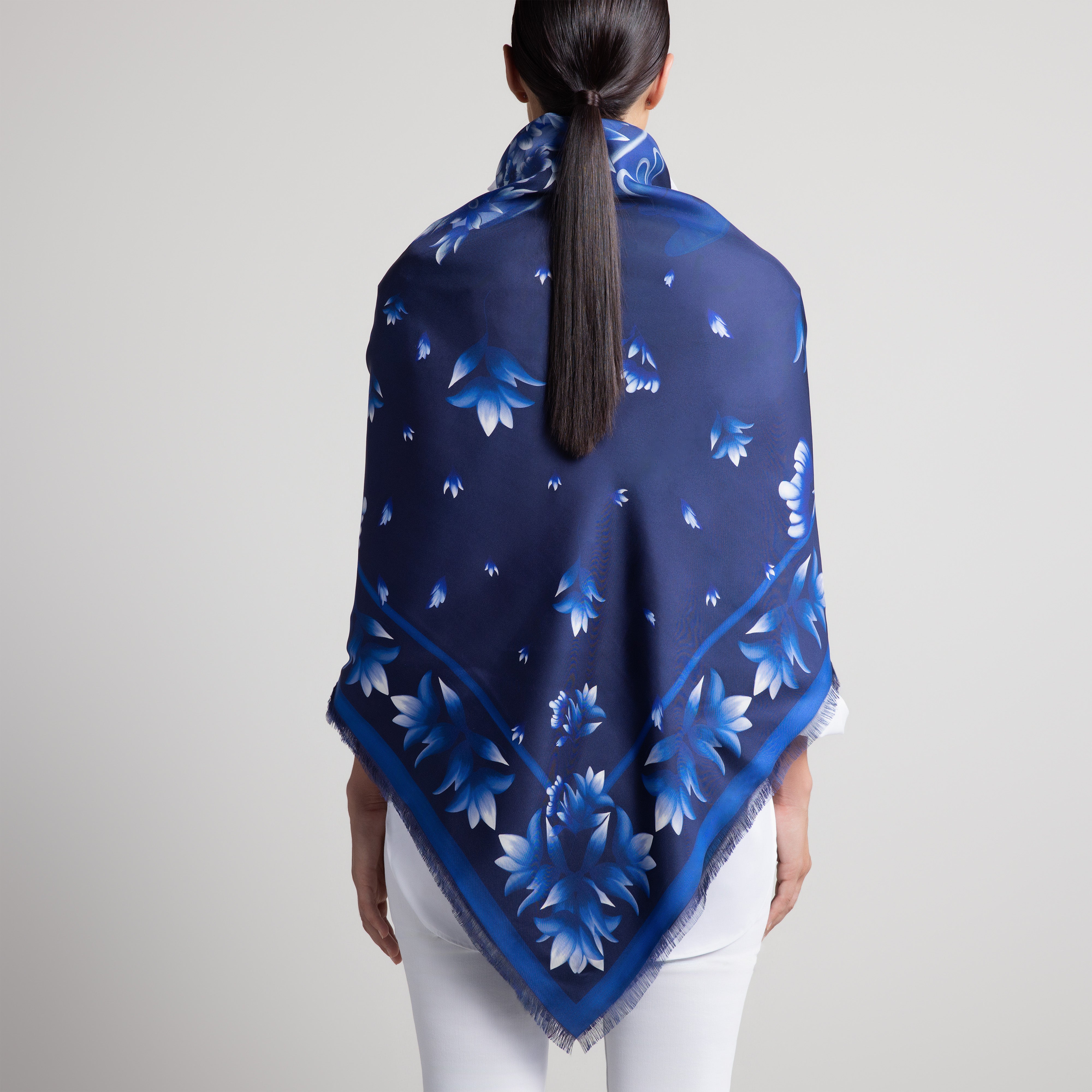 Azul Grande Silk Scarf in Navy Blue with Hand-Feathered Edges