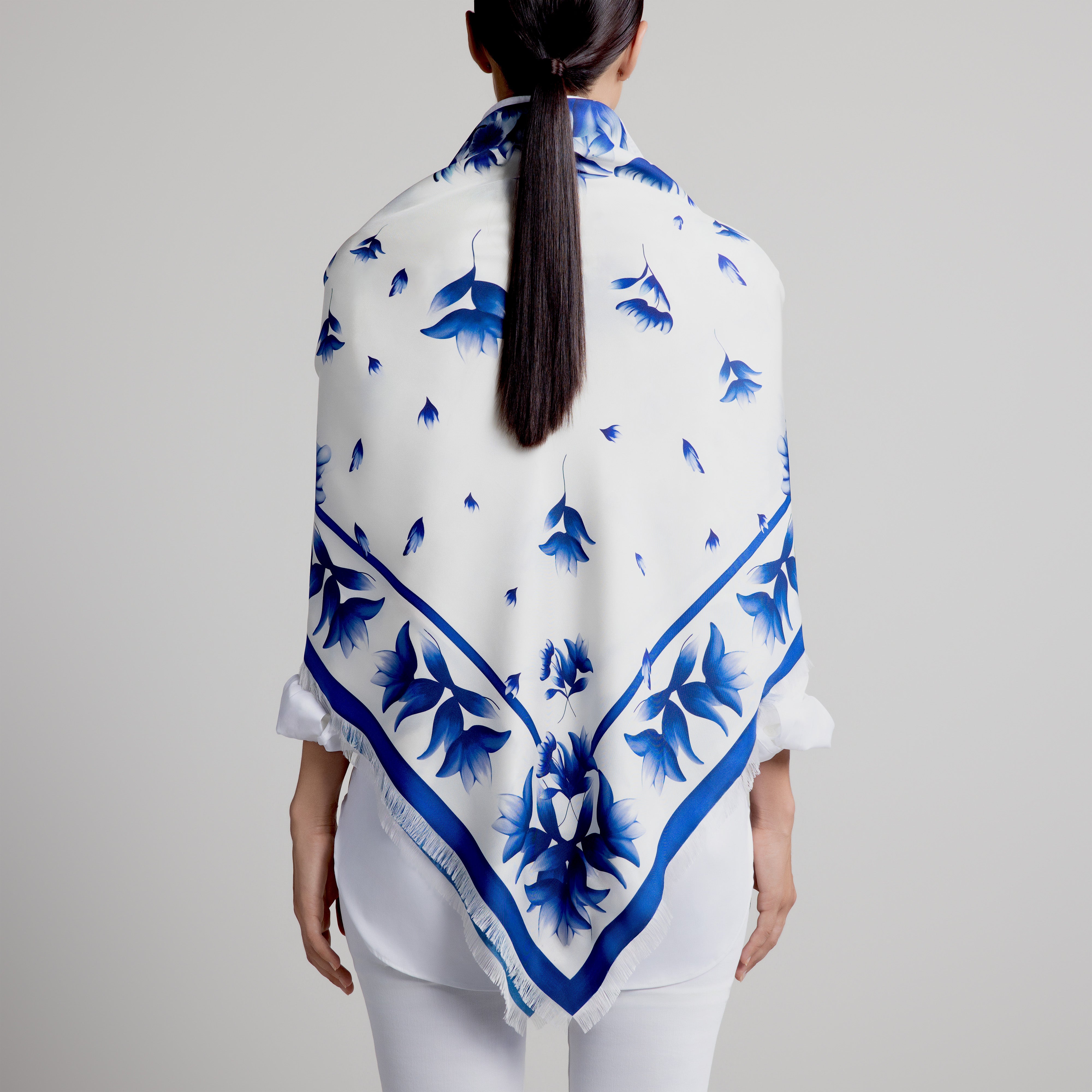 Azul Grande Silk Scarf in White with Hand-Feathered Edges