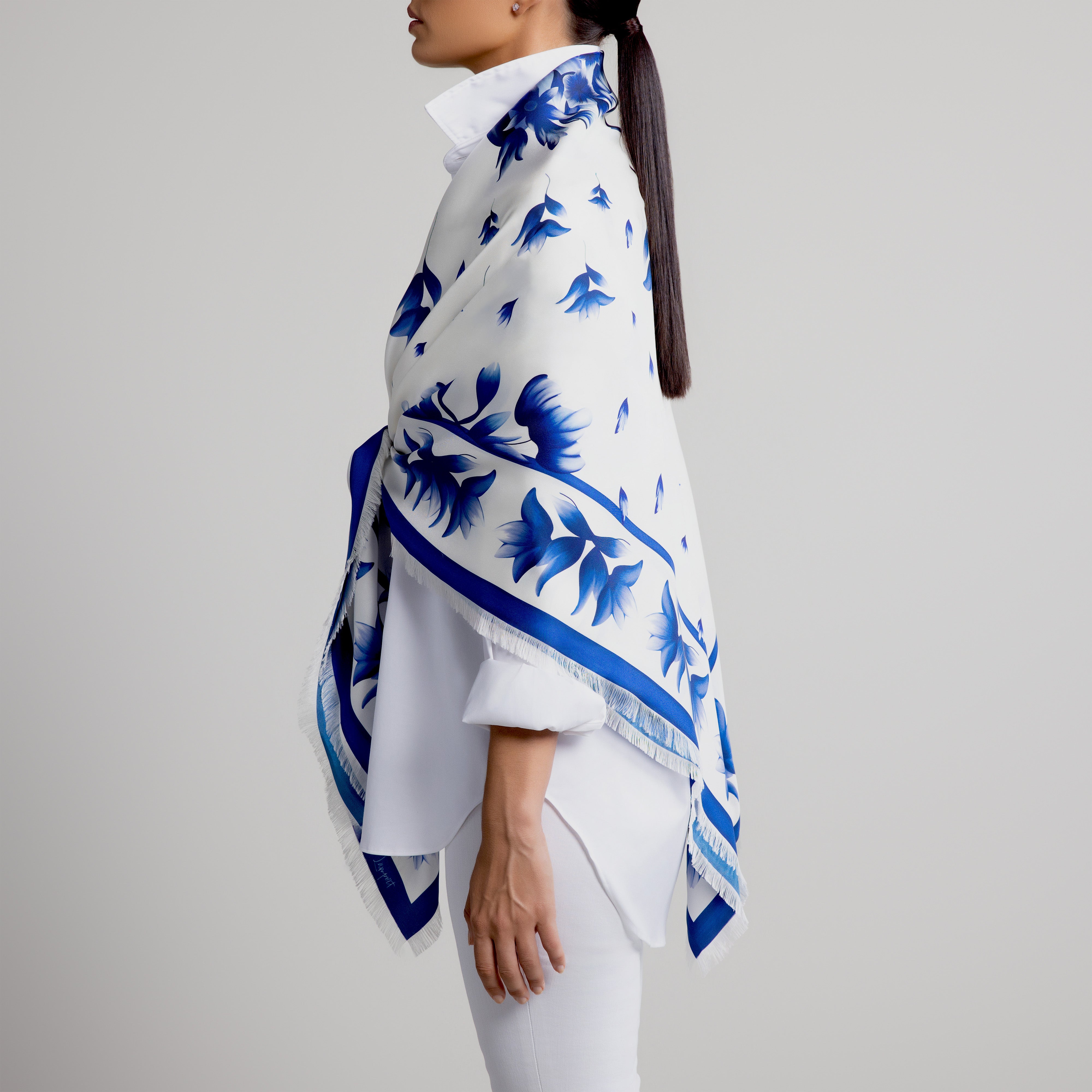 Azul Grande Silk Scarf in White with Hand-Feathered Edges