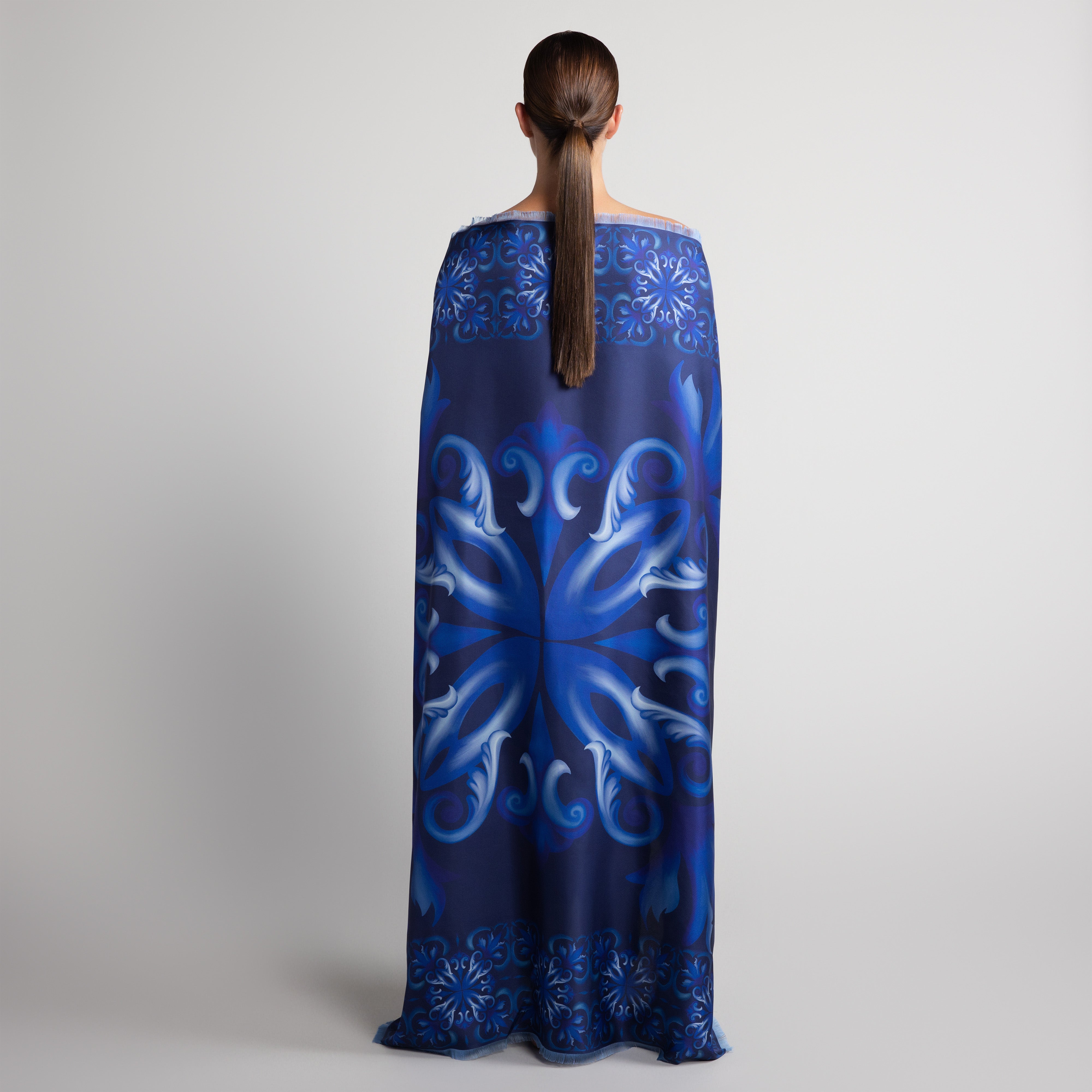 Porto Grande Silk Scarf in Navy Blue with Hand-Feathered Edges