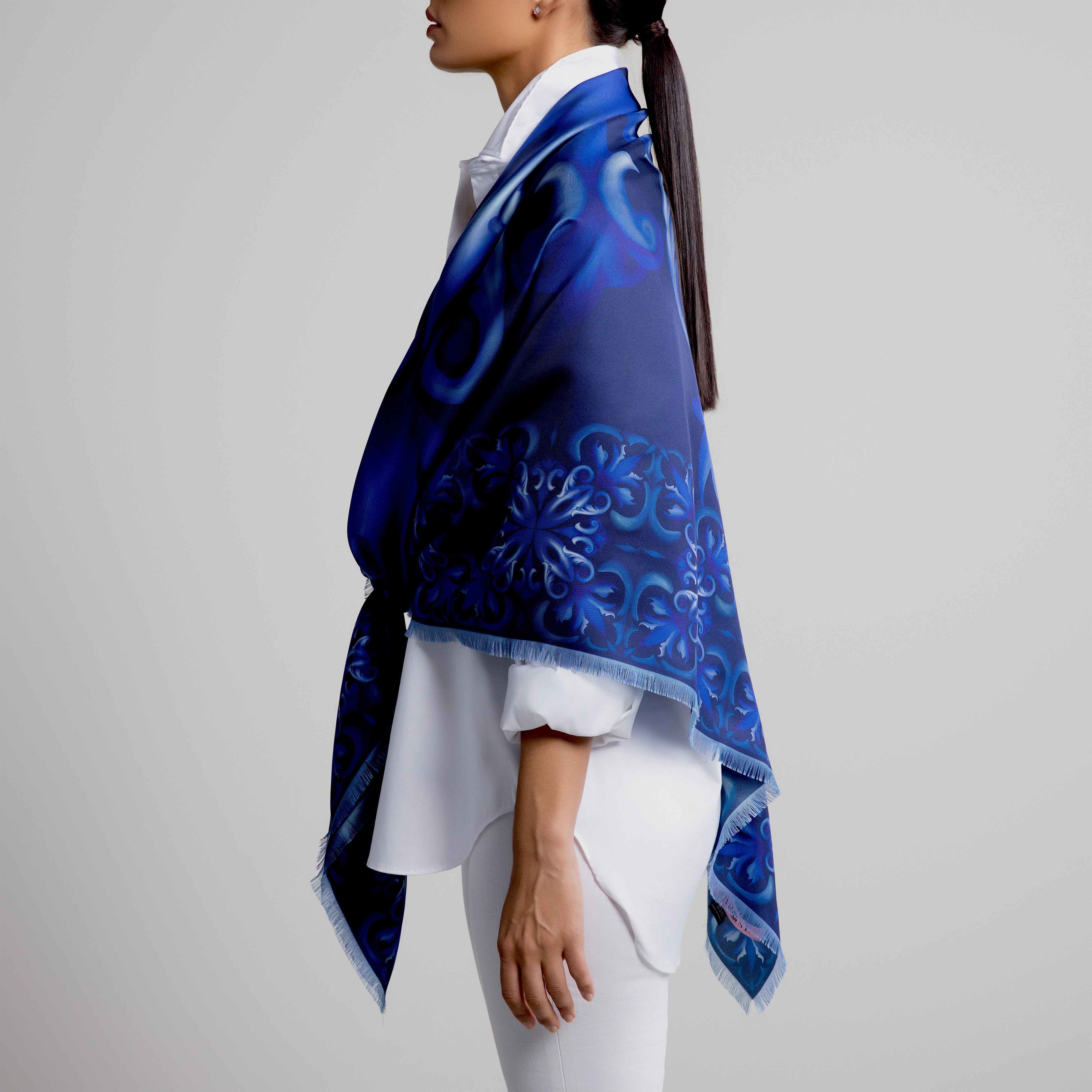 Porto Grande Silk Scarf in Navy Blue with Hand-Feathered Edges