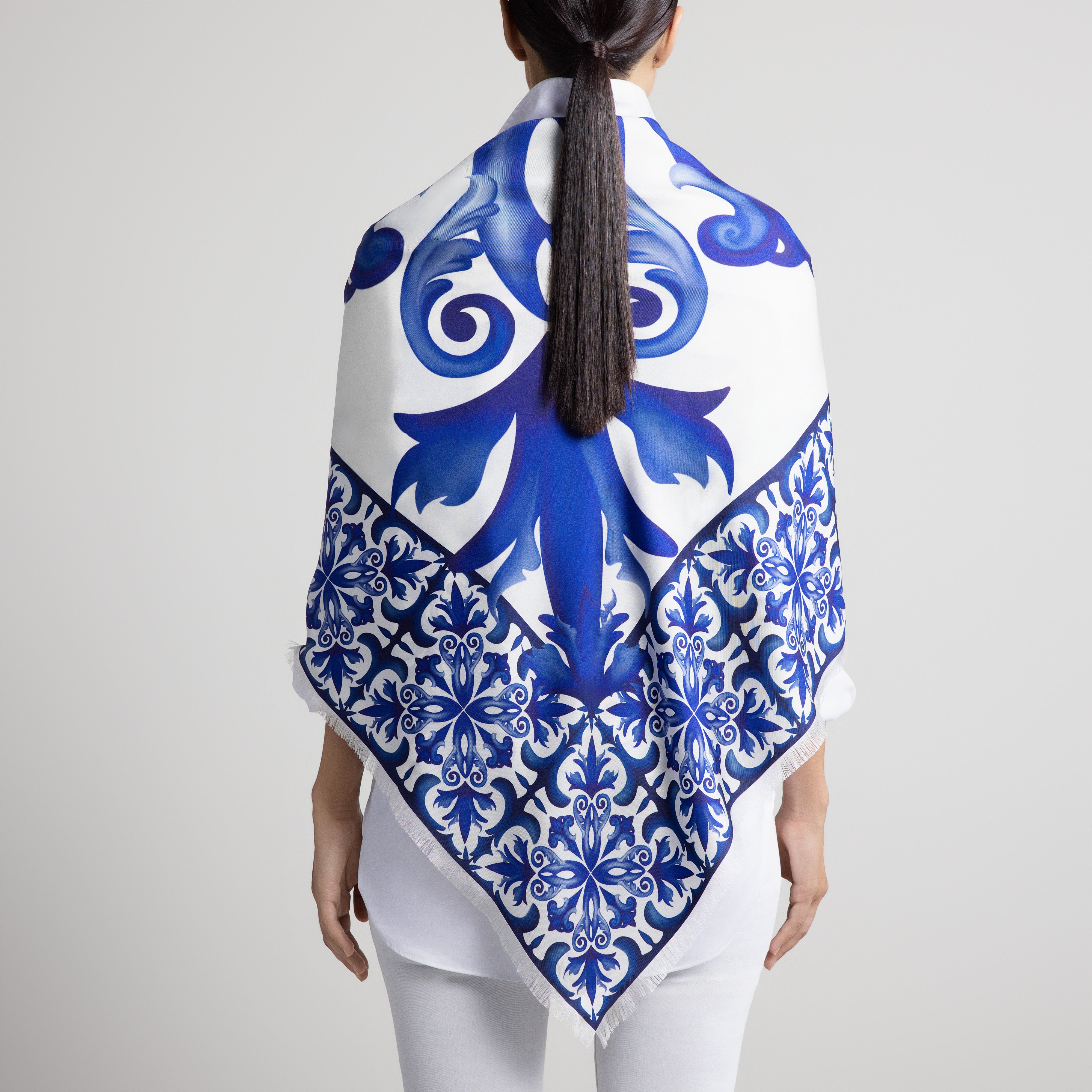 Porto Grande Silk Scarf in White with Hand-Feathered Edges