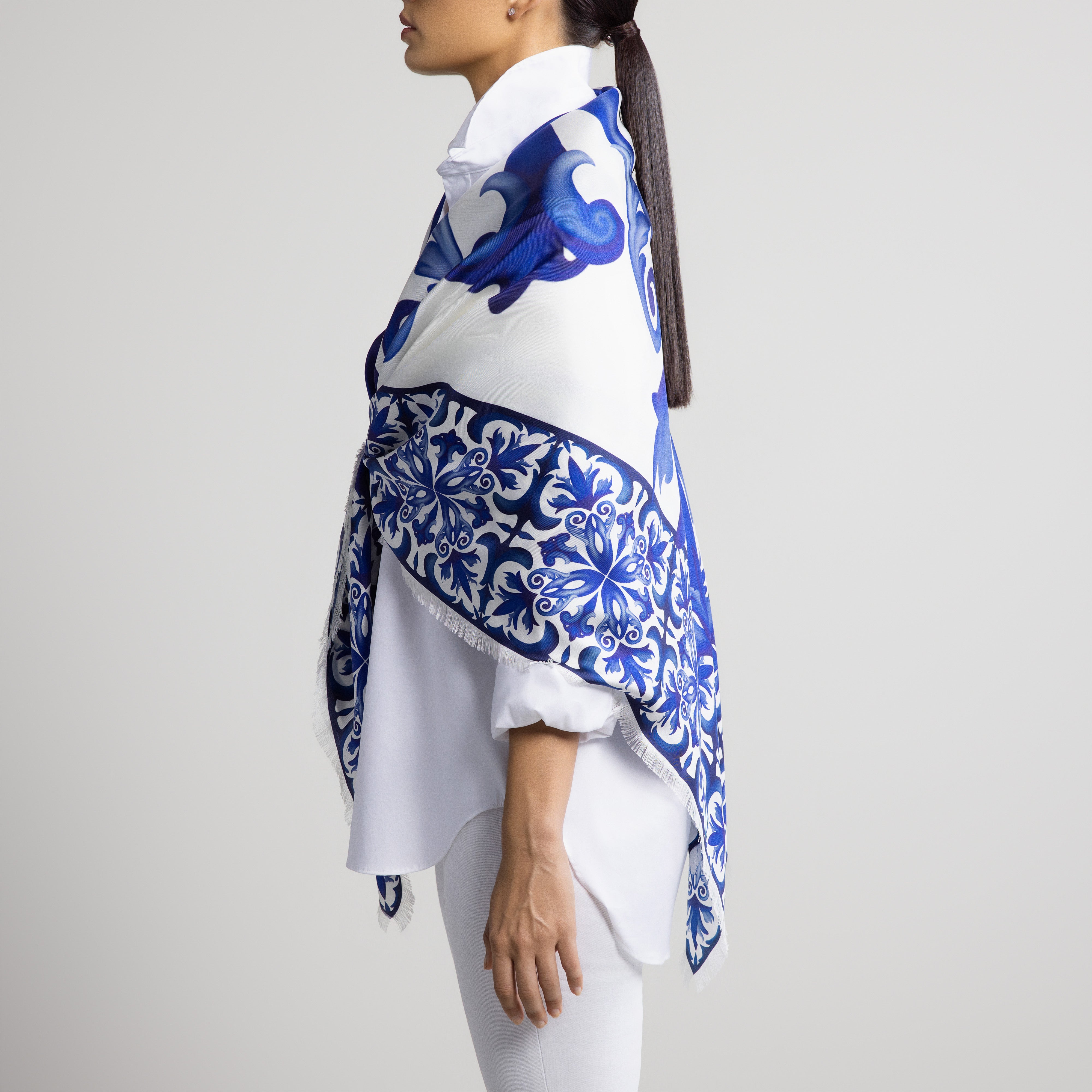 Porto Grande Silk Scarf in White with Hand-Feathered Edges