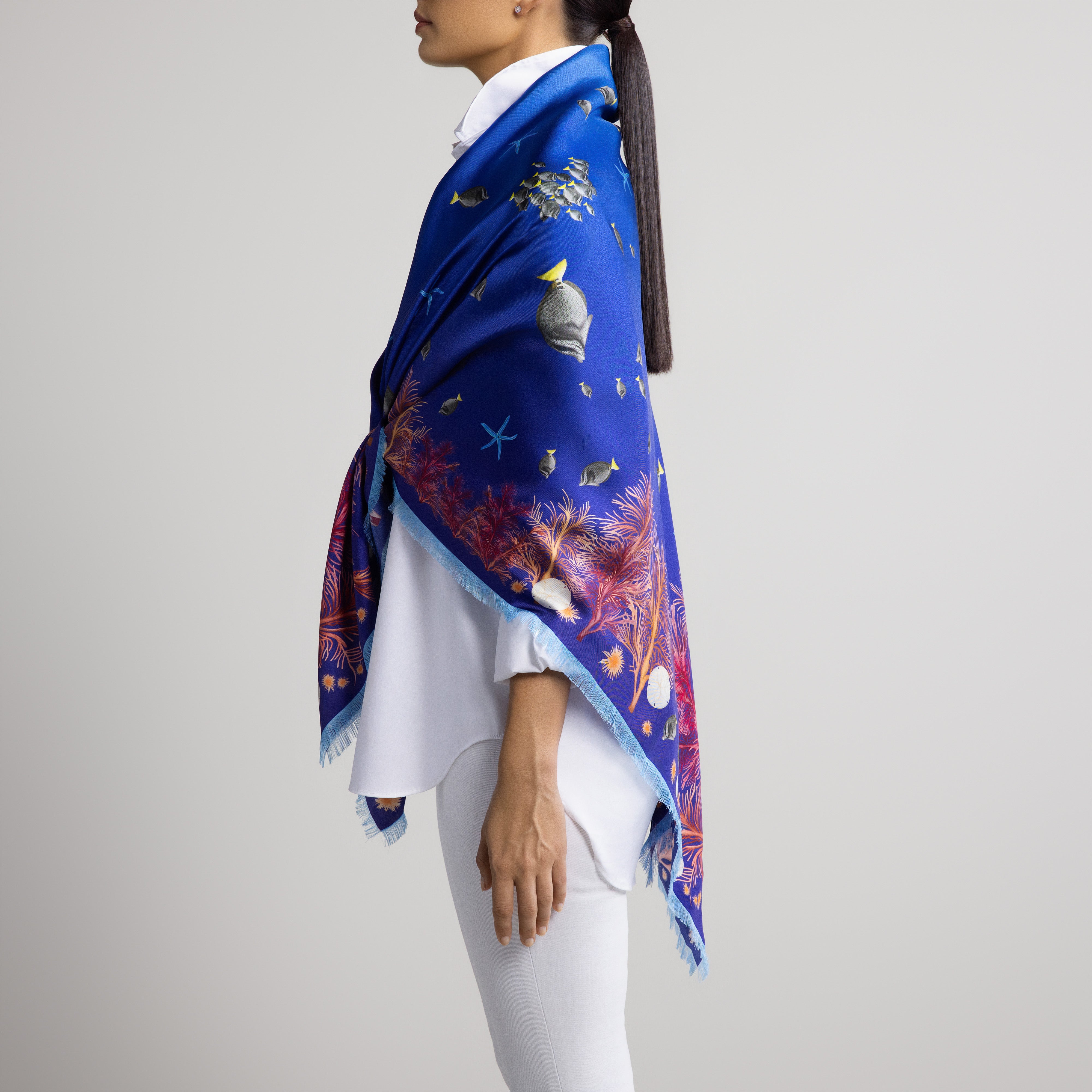 Galapagos Grande Silk Scarf in Blue Ombré with Hand-Feathered Edges