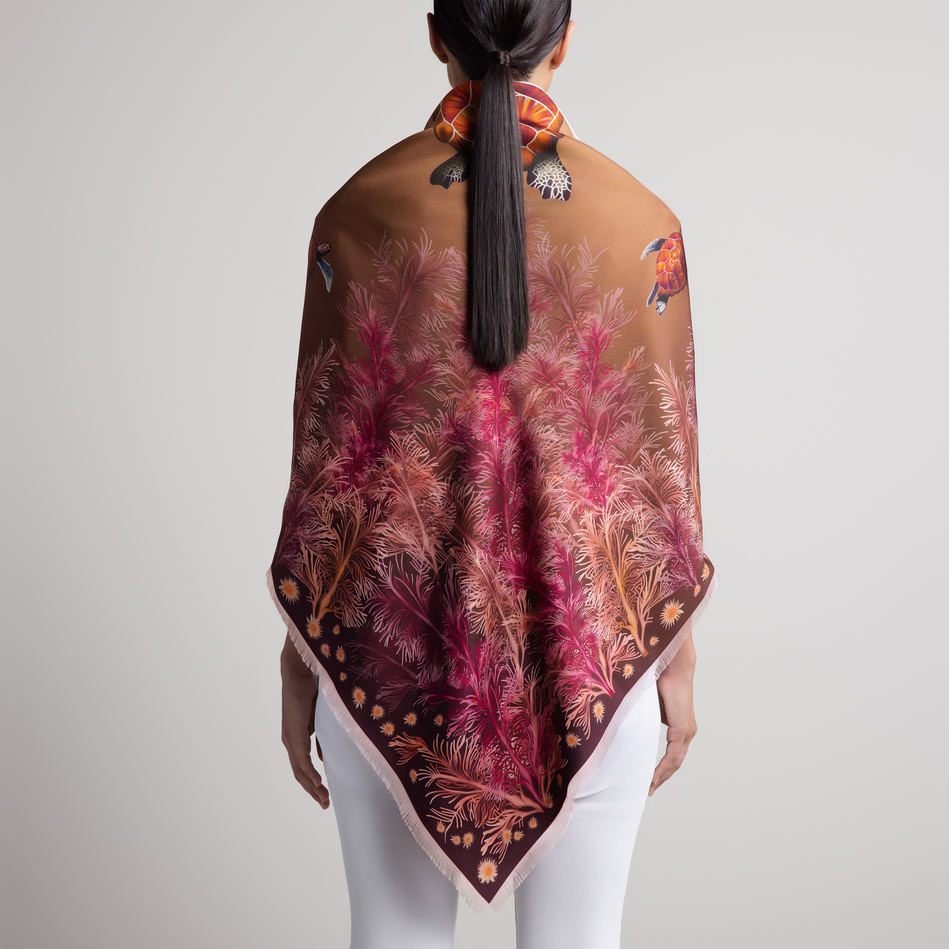Galapagos Grande Silk Scarf in Brown Ombré with Hand-Feathered Edges