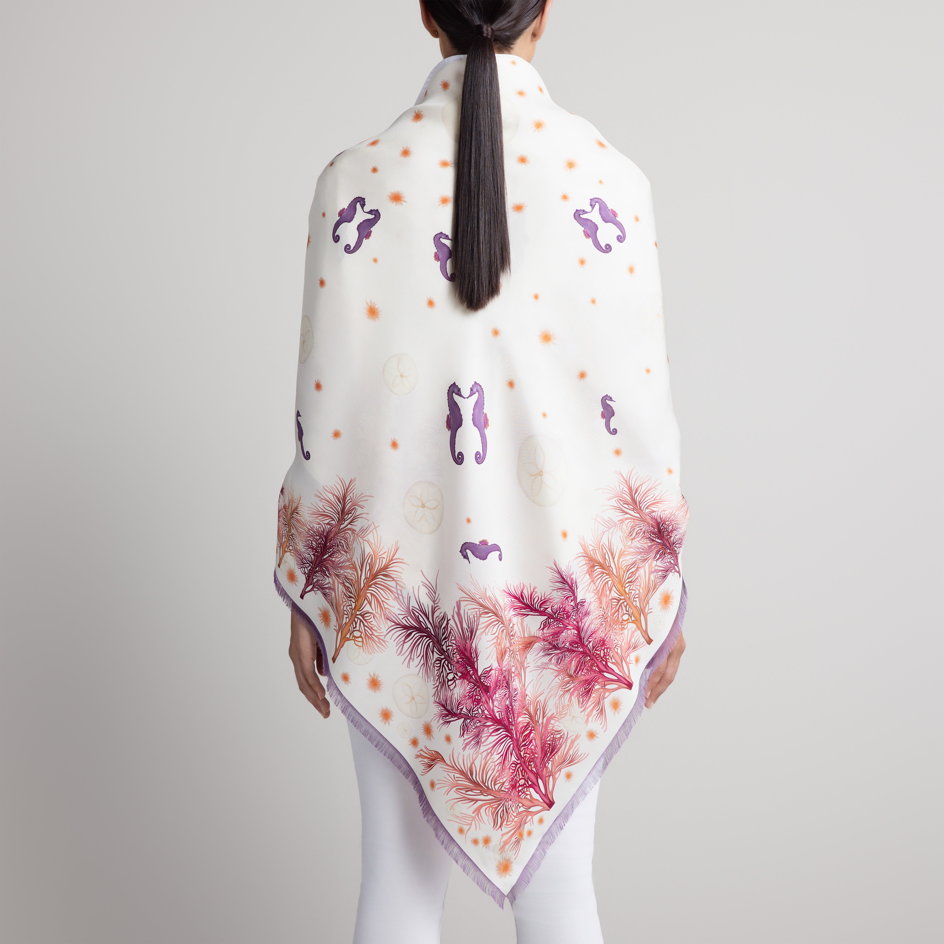 Galapagos Grande Silk Scarf in Cream with Hand-Feathered Edges