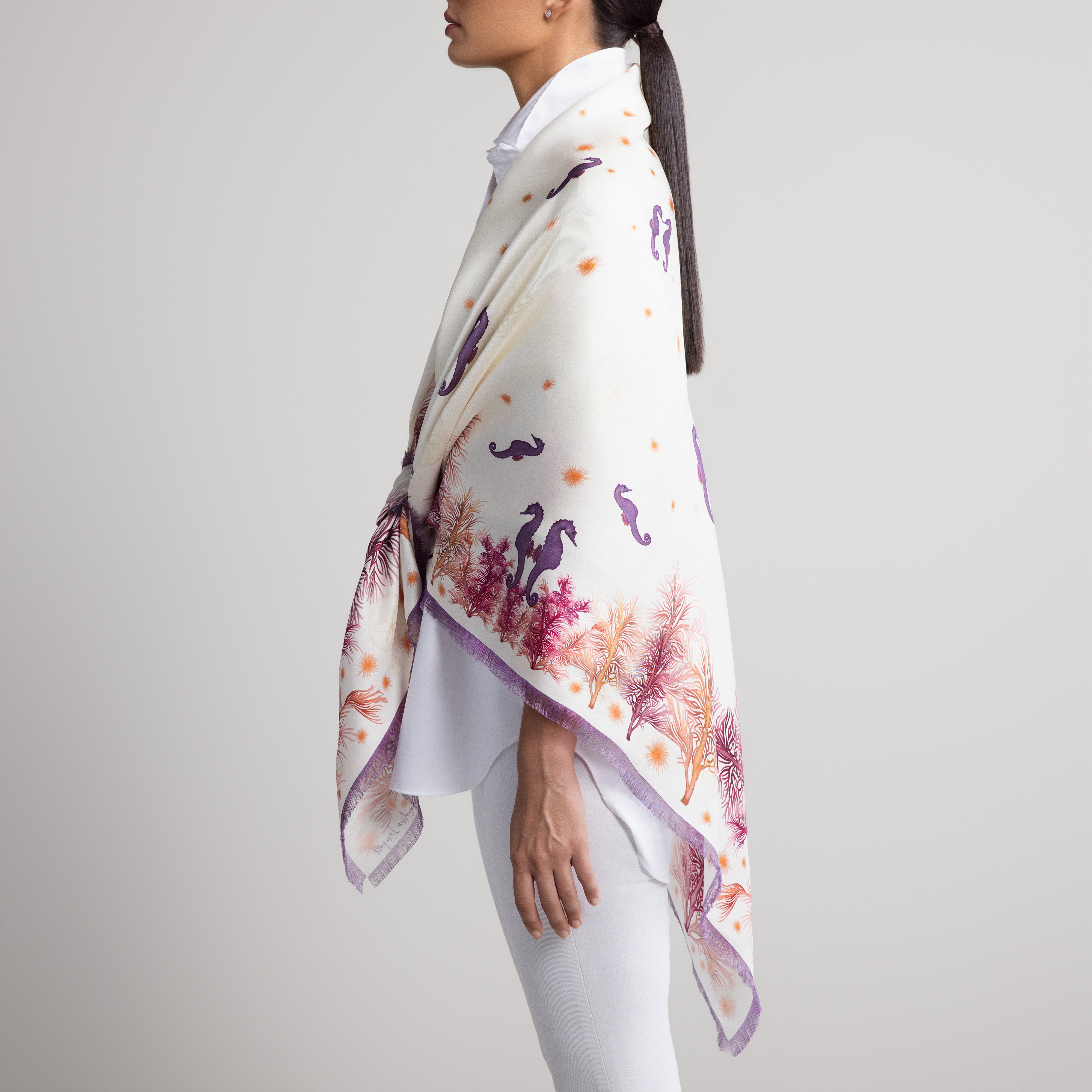 Galapagos Grande Silk Scarf in Cream with Hand-Feathered Edges
