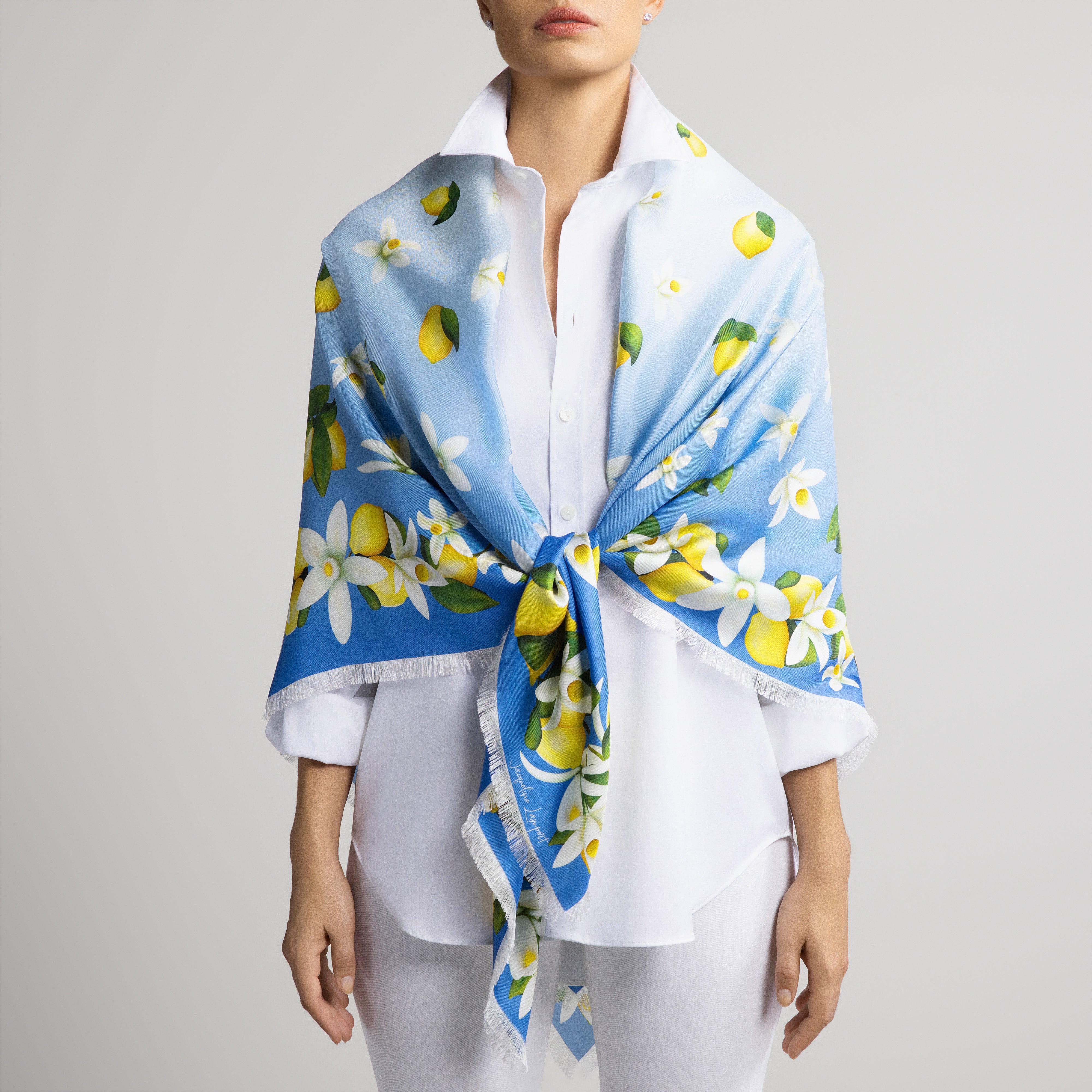 Capri Grande Silk Scarf in Sky Blue with Hand-Feathered Edges