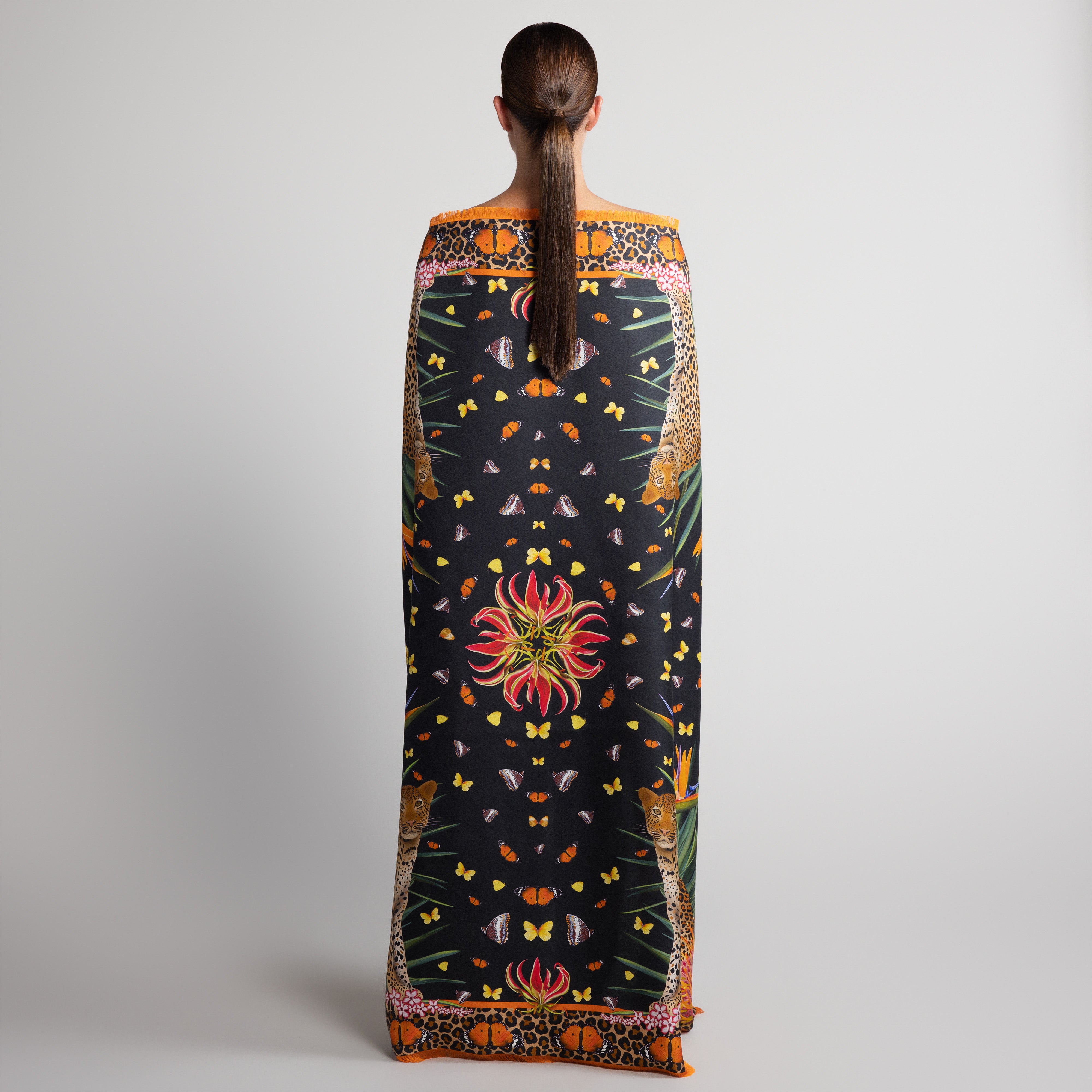 Leopard & Butterfly Grande Silk Scarf in Black with Hand-Feathered Edges