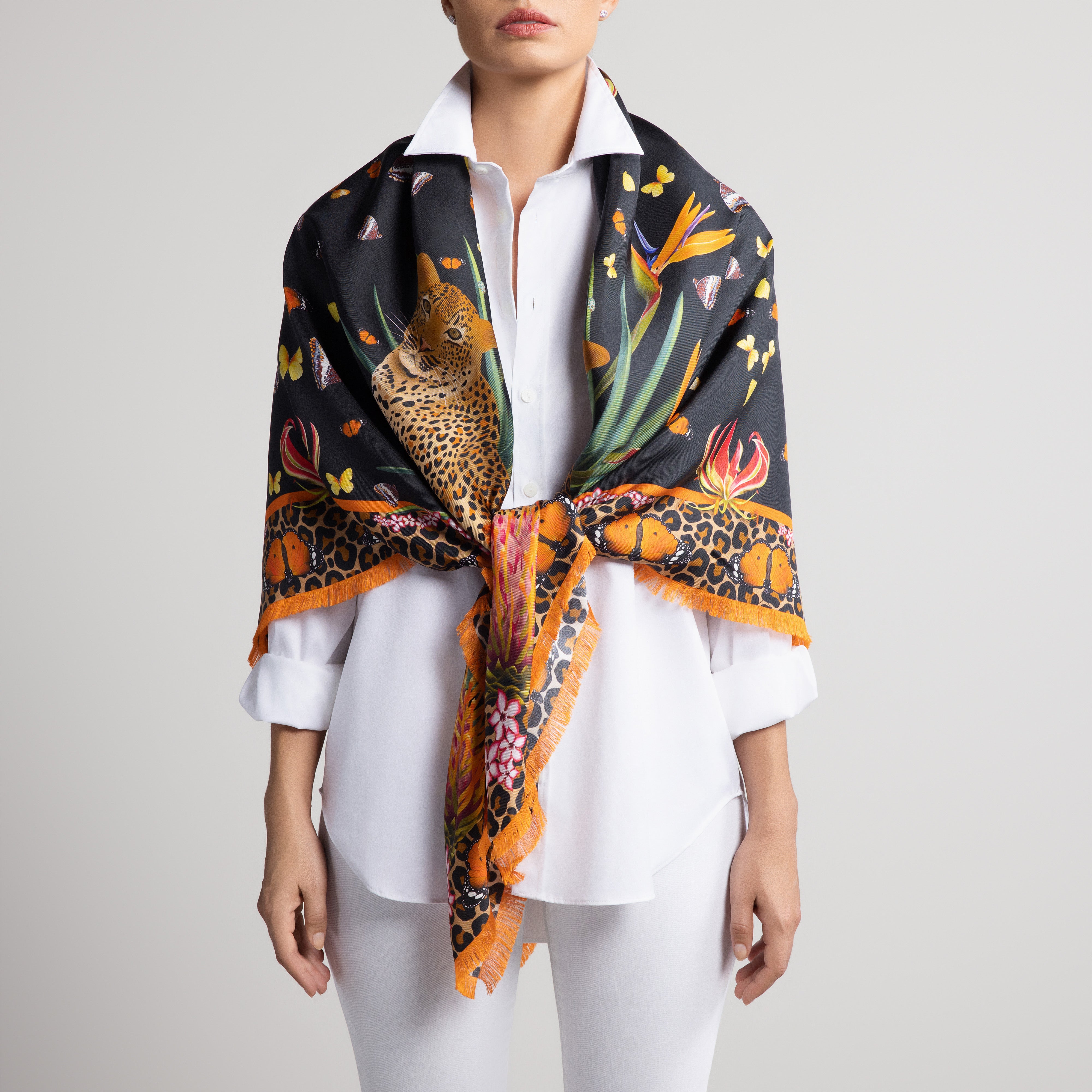Leopard & Butterfly Grande Silk Scarf in Black with Hand-Feathered Edges