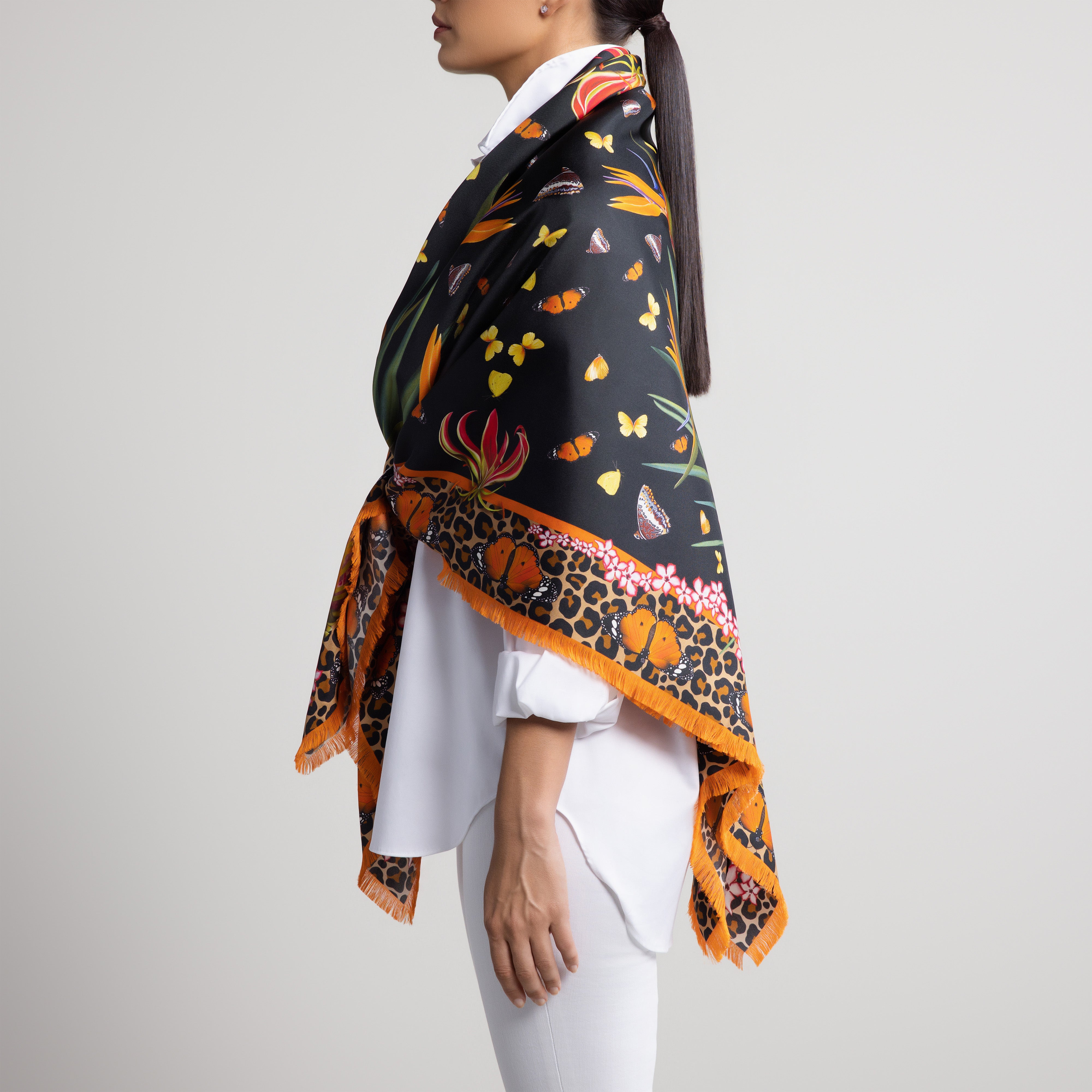 Leopard & Butterfly Grande Silk Scarf in Black with Hand-Feathered Edges