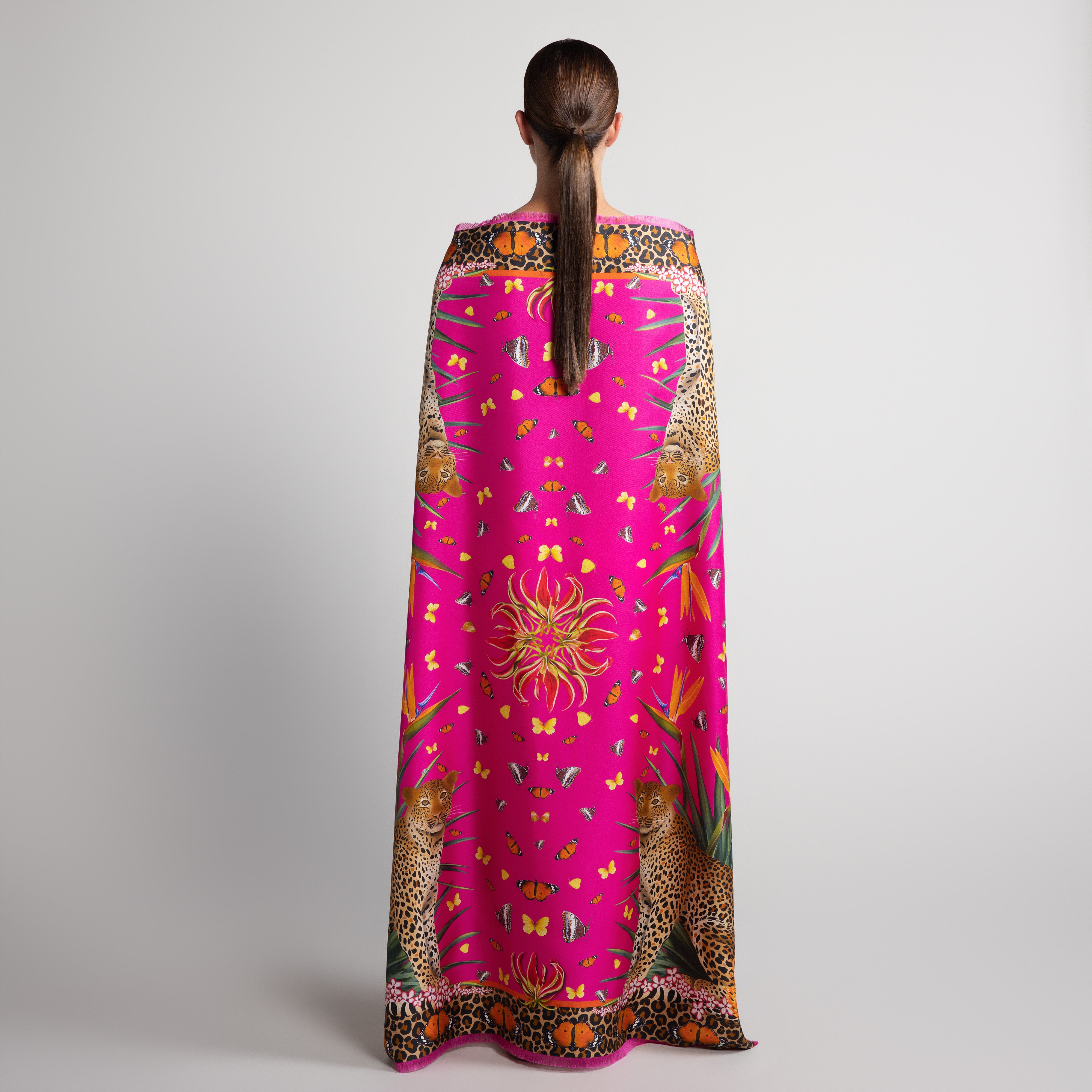 Leopard & Butterfly Grande Silk Scarf in Hot Pink with Hand-Feathered Edges
