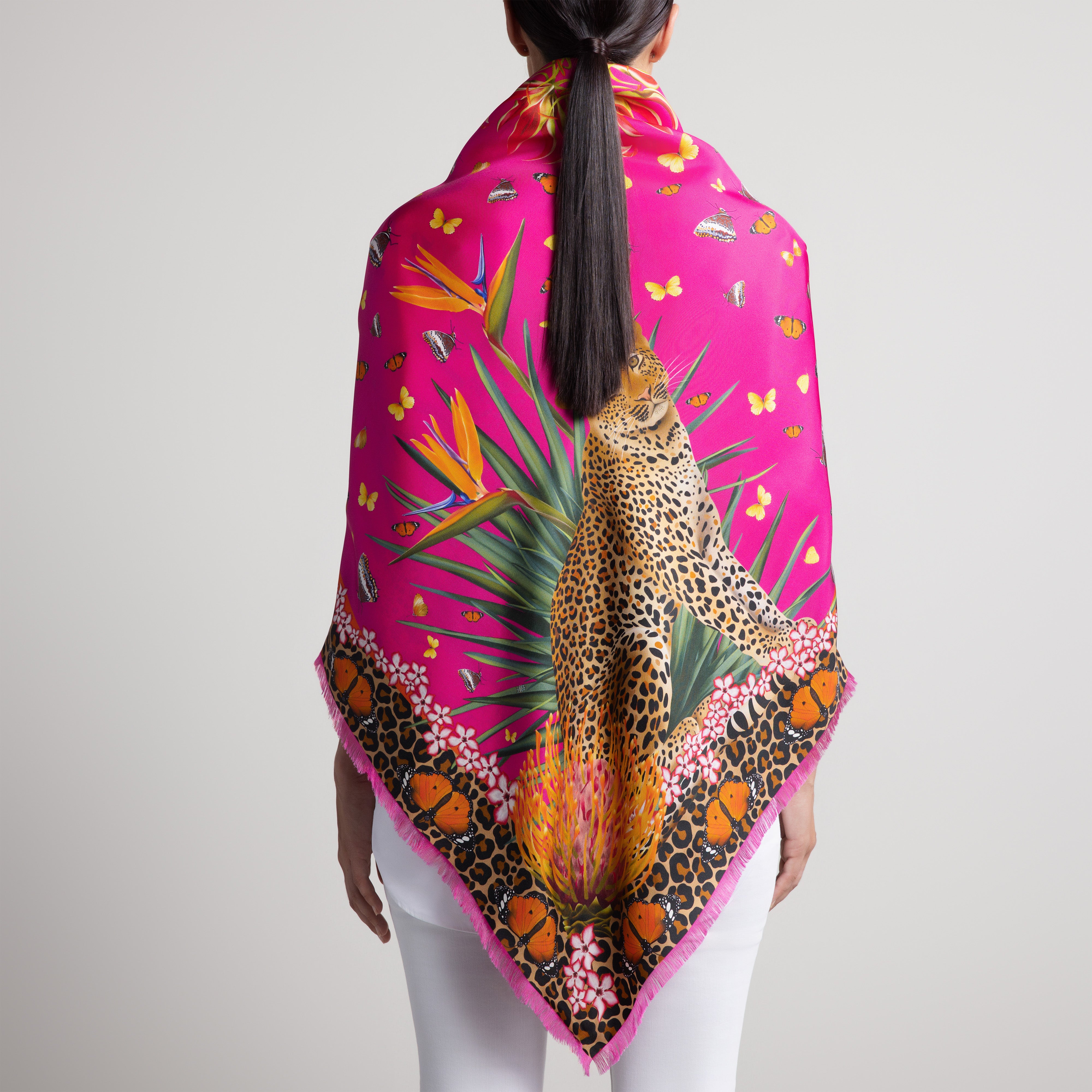 Leopard & Butterfly Grande Silk Scarf in Hot Pink with Hand-Feathered Edges