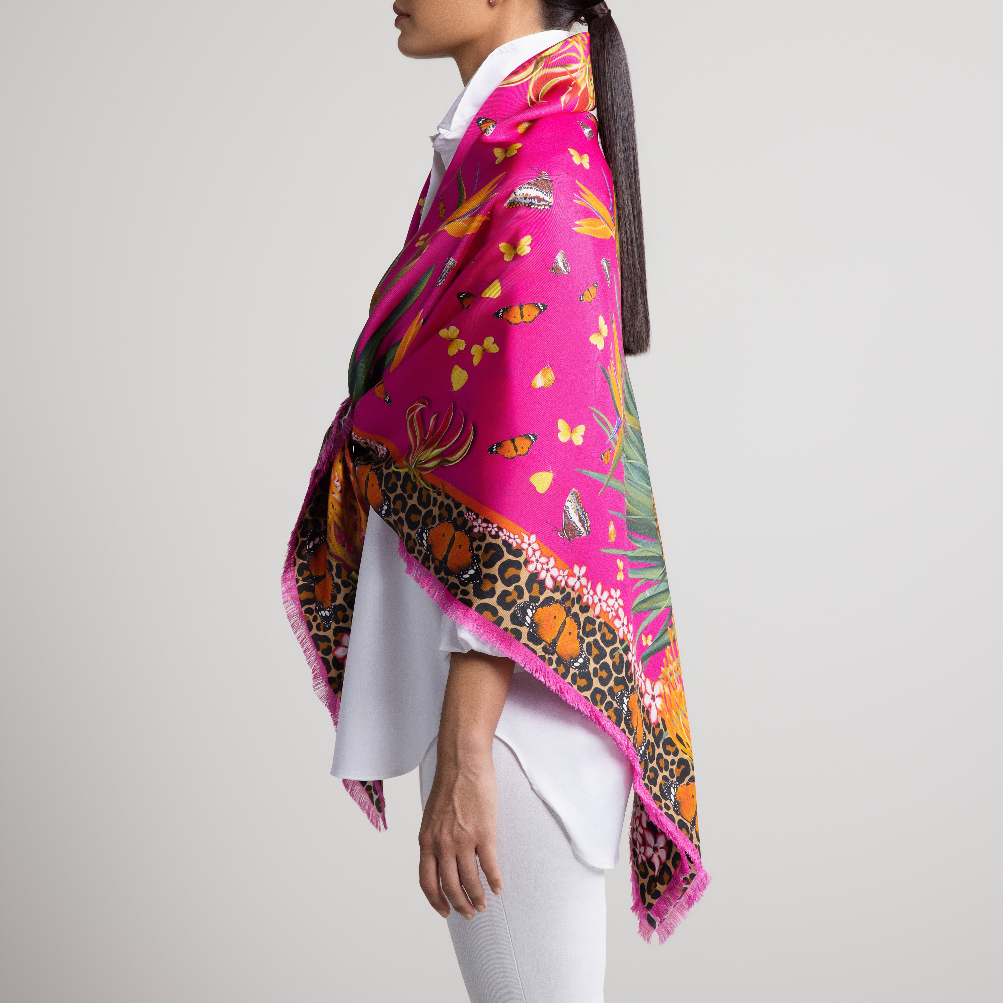 Leopard & Butterfly Grande Silk Scarf in Hot Pink with Hand-Feathered Edges