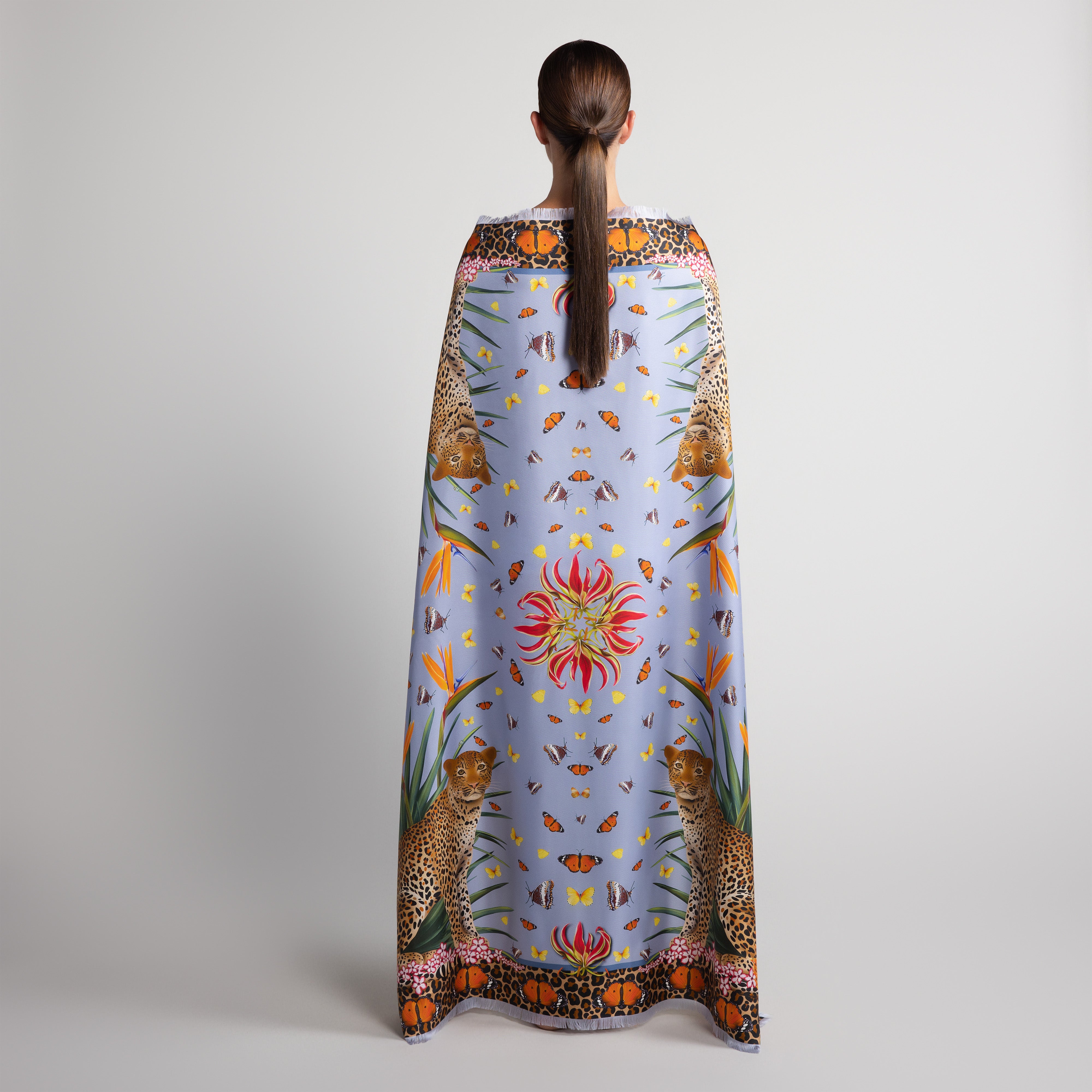 Leopard & Butterfly Grande Silk Scarf in Light Blue with Hand-Feathered Edges