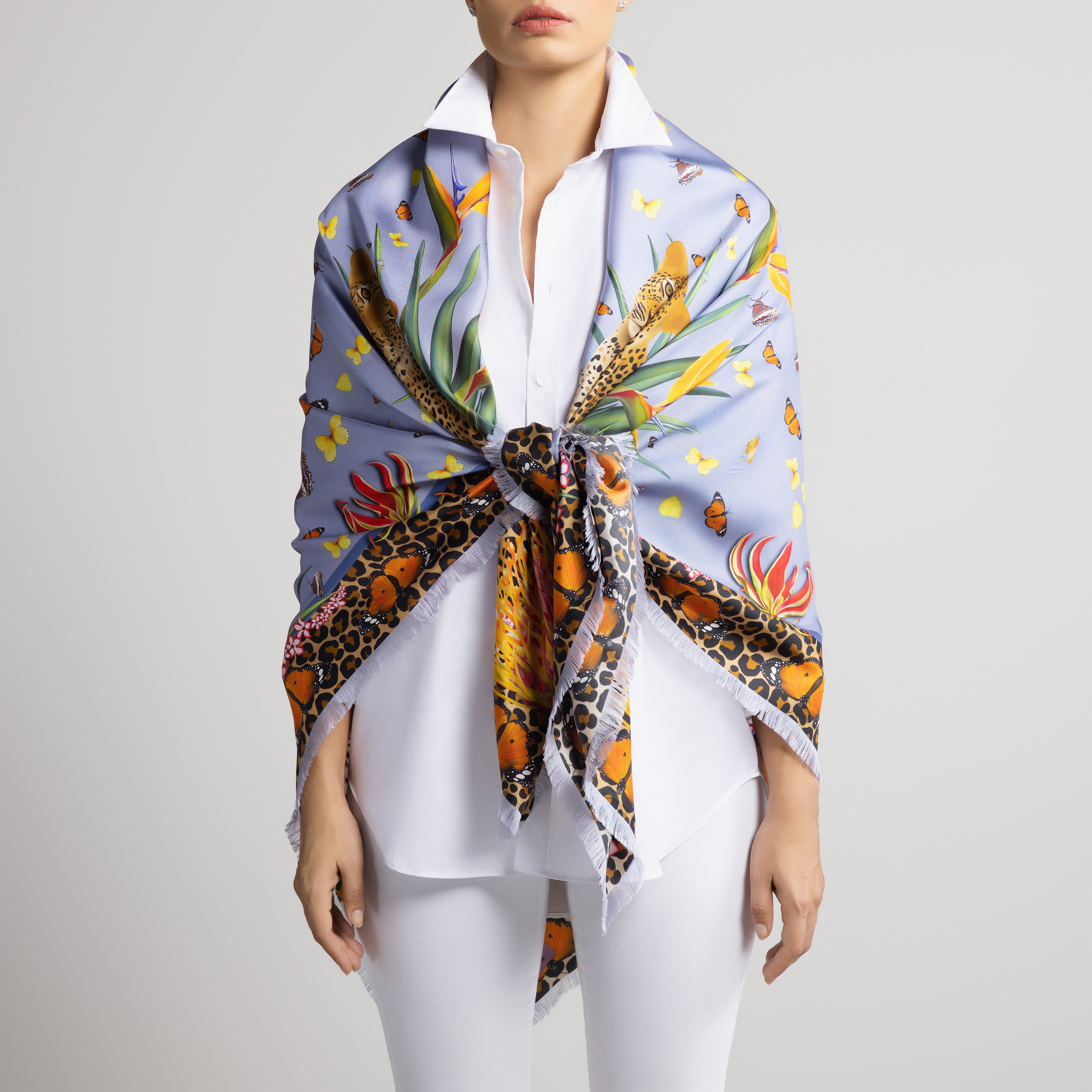 Leopard & Butterfly Grande Silk Scarf in Light Blue with Hand-Feathered Edges