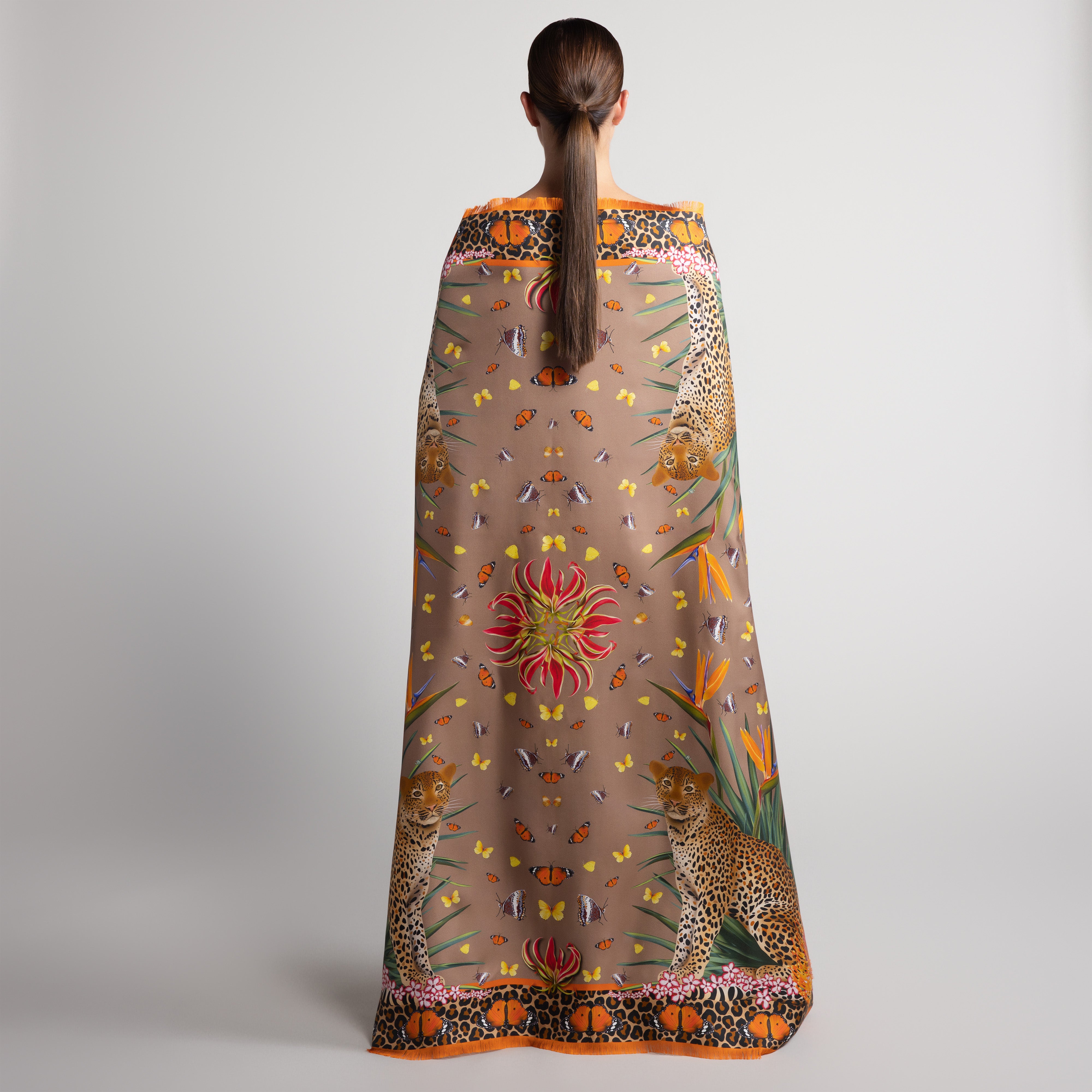 Leopard & Butterfly Grande Silk Scarf in Tan with Hand-Feathered Edges